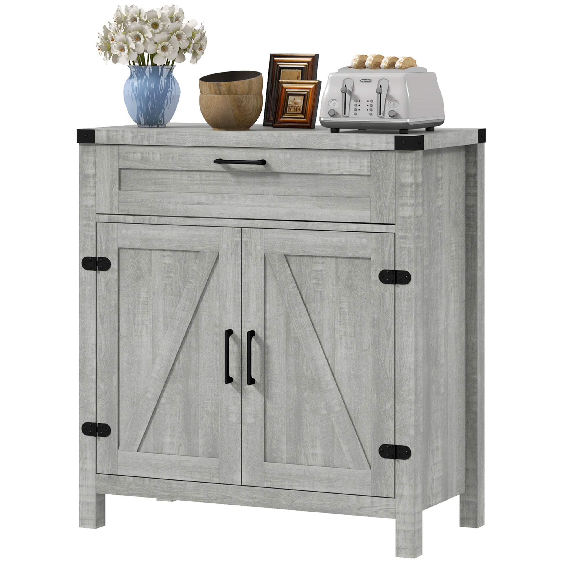 Farmhouse Kitchen Storage Cabinet, Sideboard Buffet Cabinet with 2 Rustic Barn Doors and Drawer, Grey Bar Cabinets   at Gallery Canada