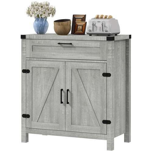 Farmhouse Kitchen Storage Cabinet, Sideboard Buffet Cabinet with 2 Rustic Barn Doors and Drawer, Grey