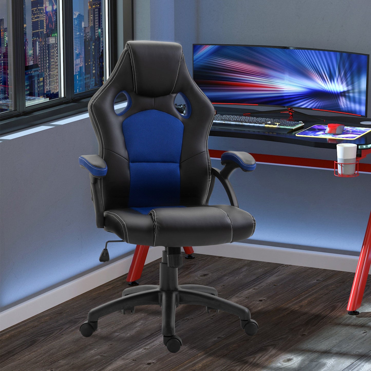 PU Leather Gaming Chair High Back Office Chair with Adjustable Height, Computer Gamer Chair, Blue Video Game Chairs   at Gallery Canada