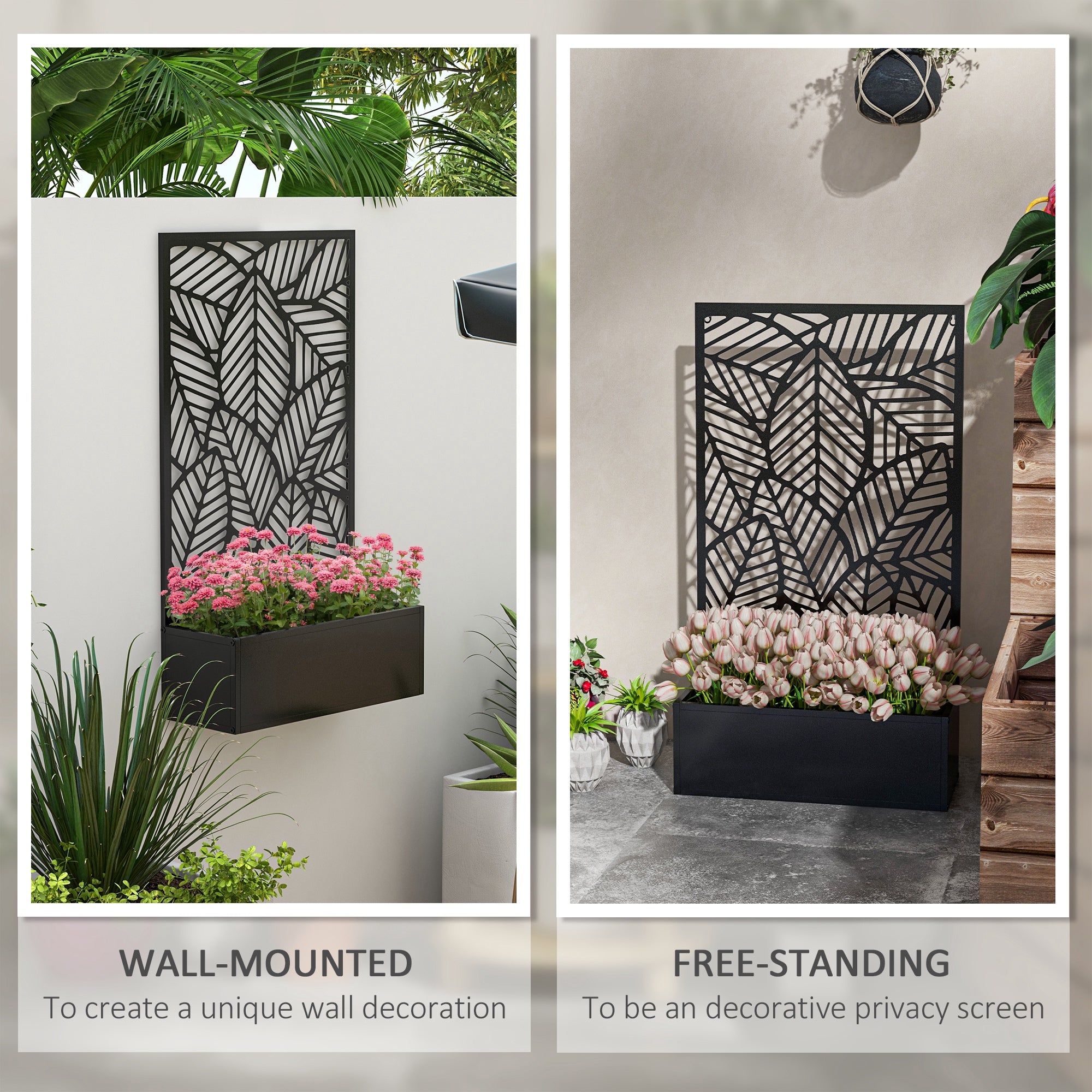 Metal Outdoor Raised Garden Bed with Privacy Screen, Privacy Panel and Planter Box, Wall-Mounted or Freestanding, Black Raised Garden Beds at Gallery Canada