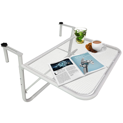 Adjustable Balcony Hanging Railing Table, Metal Mounting Mini Wall Desk Storage Rack, Outdoor Flower Stand Serving Table Rectangle, White