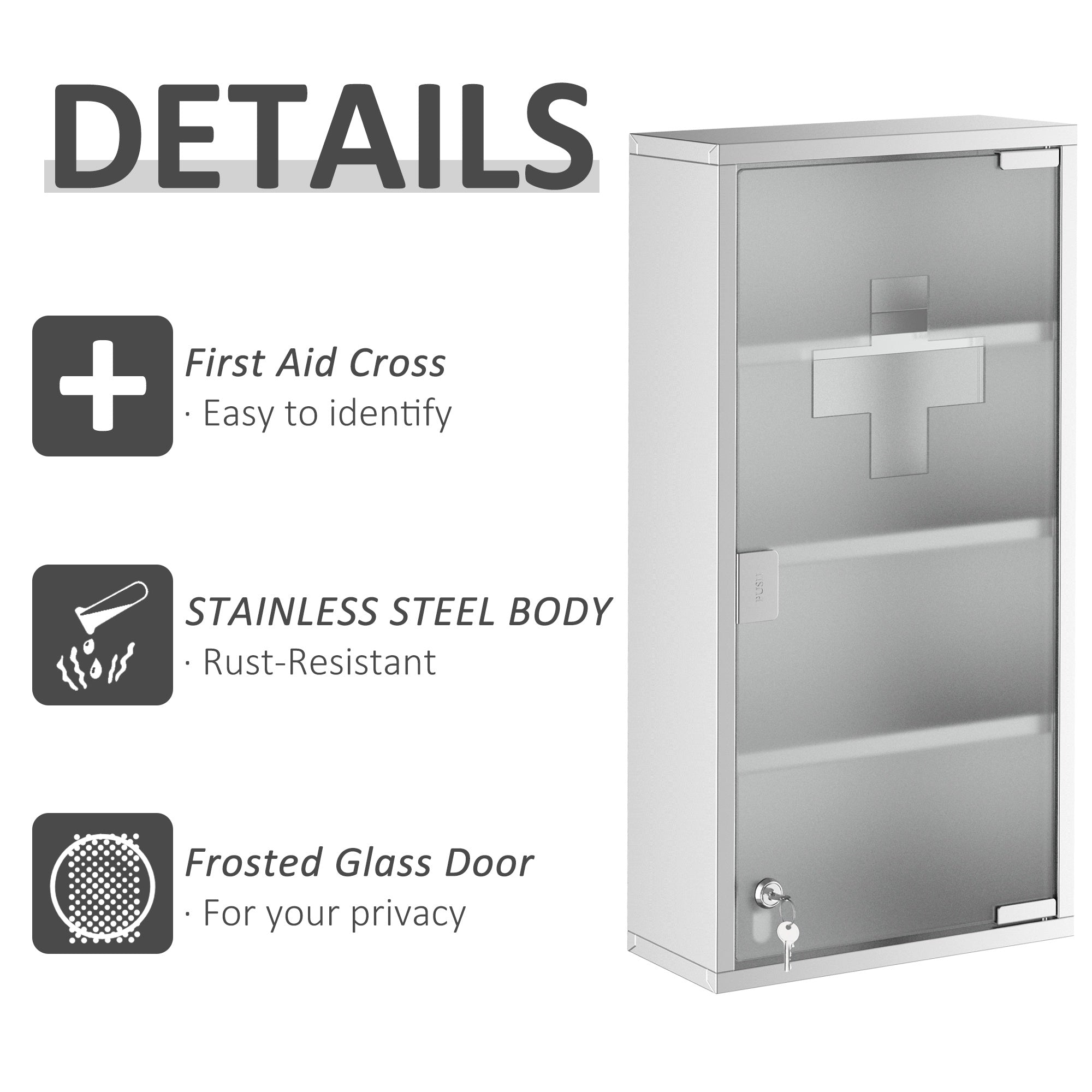 Wall Mount Medicine Cabinet, Bathroom Cabinet with 4 Tier Shelves, Stainless Steel Frame and Glass Door, Lockable with 2 Keys, Silver, 12