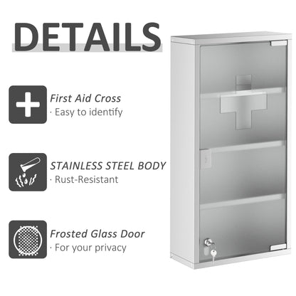 Wall Mount Medicine Cabinet, Bathroom Cabinet with 4 Tier Shelves, Stainless Steel Frame and Glass Door, Lockable with 2 Keys, Silver, 12" x 23.5" Mirror Medicine Cabinets   at Gallery Canada