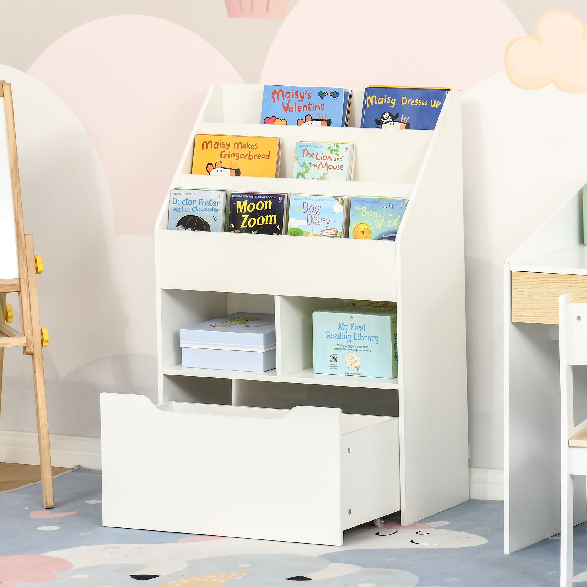 Kids Bookcase Multi-Shelf Rack Organizer with Storage Drawer for Books for Reading Nook, Classroom, Bedroom, Playroom, White Baby & Kids Storage at Gallery Canada