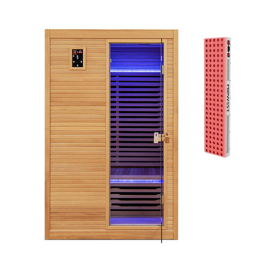 2024 New 2 People Far Infrared Wooden Sauna Room with Free Red Light Therapy for Home, Natural - Gallery Canada