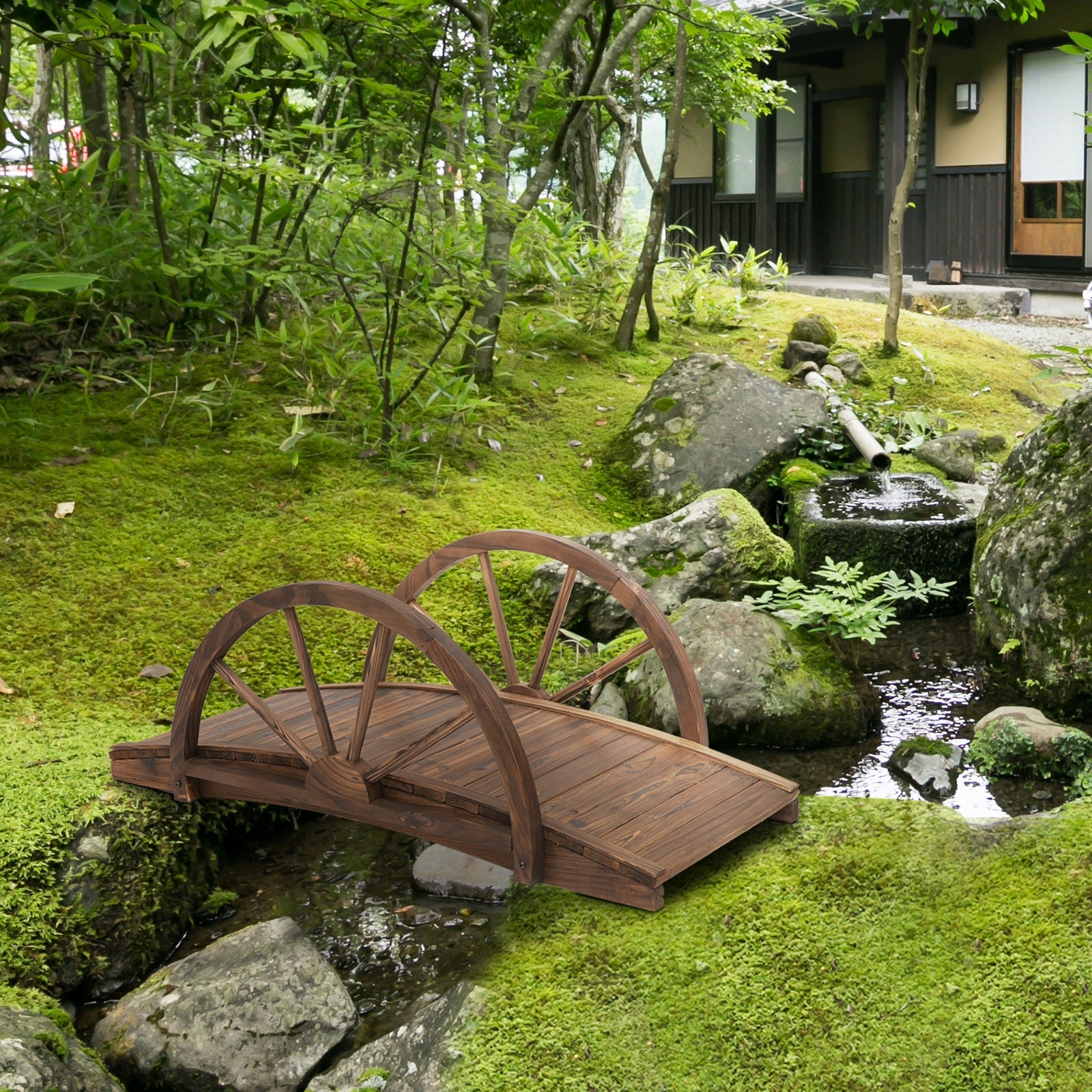 3.3ft Wooden Garden Bridge Arc Stained Finish Walkway with Half Wheeled Railings, Stained Wood Garden Bridges at Gallery Canada