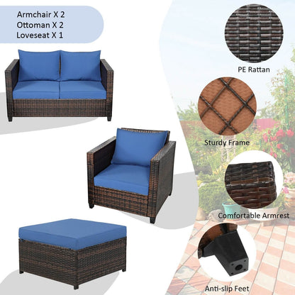 5 Pieces Patio Cushioned Rattan Furniture Set, Navy Outdoor Sectionals   at Gallery Canada