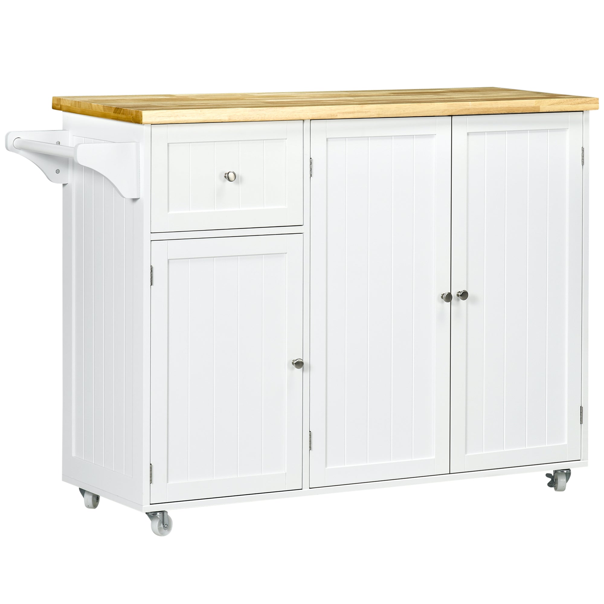 Rolling Kitchen Island with Storage, Utility Kitchen Island Cart with Drawer, Cabinets, Towel Rack and Rubber Wood Top Kitchen Islands & Kitchen Carts   at Gallery Canada