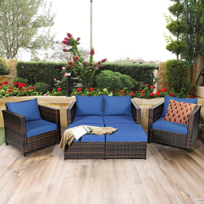 5 Pieces Patio Cushioned Rattan Furniture Set, Navy Outdoor Sectionals   at Gallery Canada