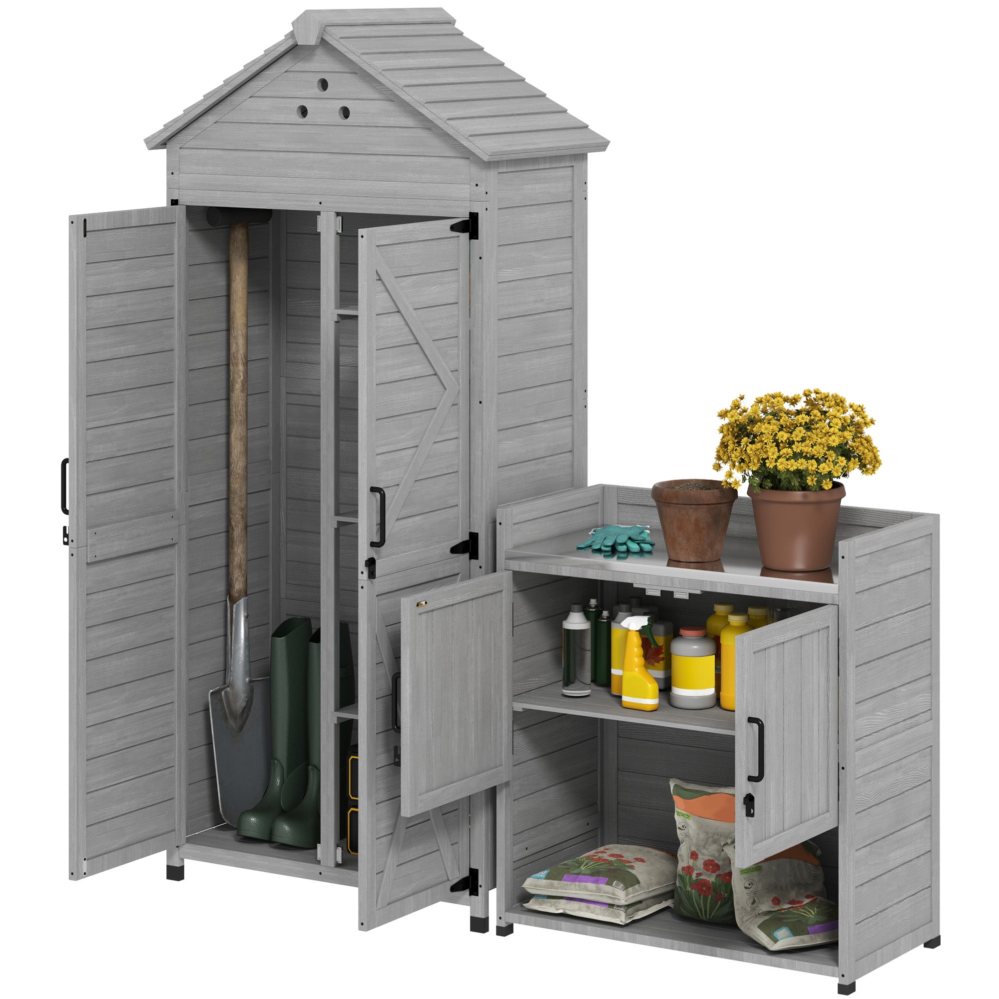 2-in-1 Outdoor Storage Cabinet, Wood Garden Shed with Shelves, Vent Holes, Foot Caps for Backyard, Patio, Lawn Sheds Light Grey at Gallery Canada