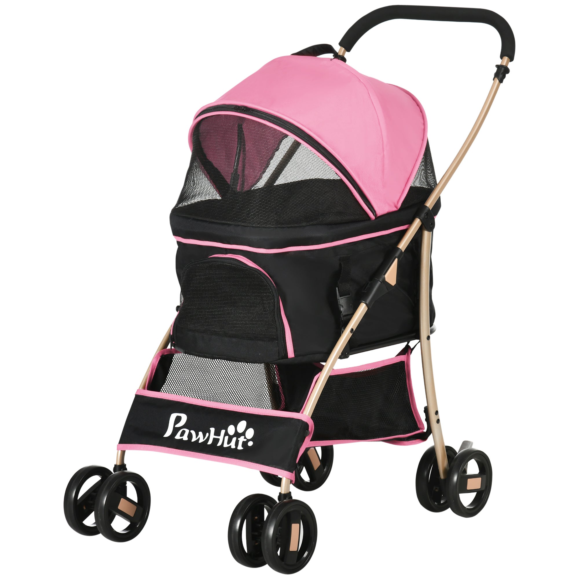 4 Wheels Pet Stroller, 3 in 1 Dog Cat Travel Folding Carrier, for Small Dogs, Detachable, w/ Brake, Canopy, Basket, Storage Bag - Pink Dog Bike Trailers & Strollers at Gallery Canada