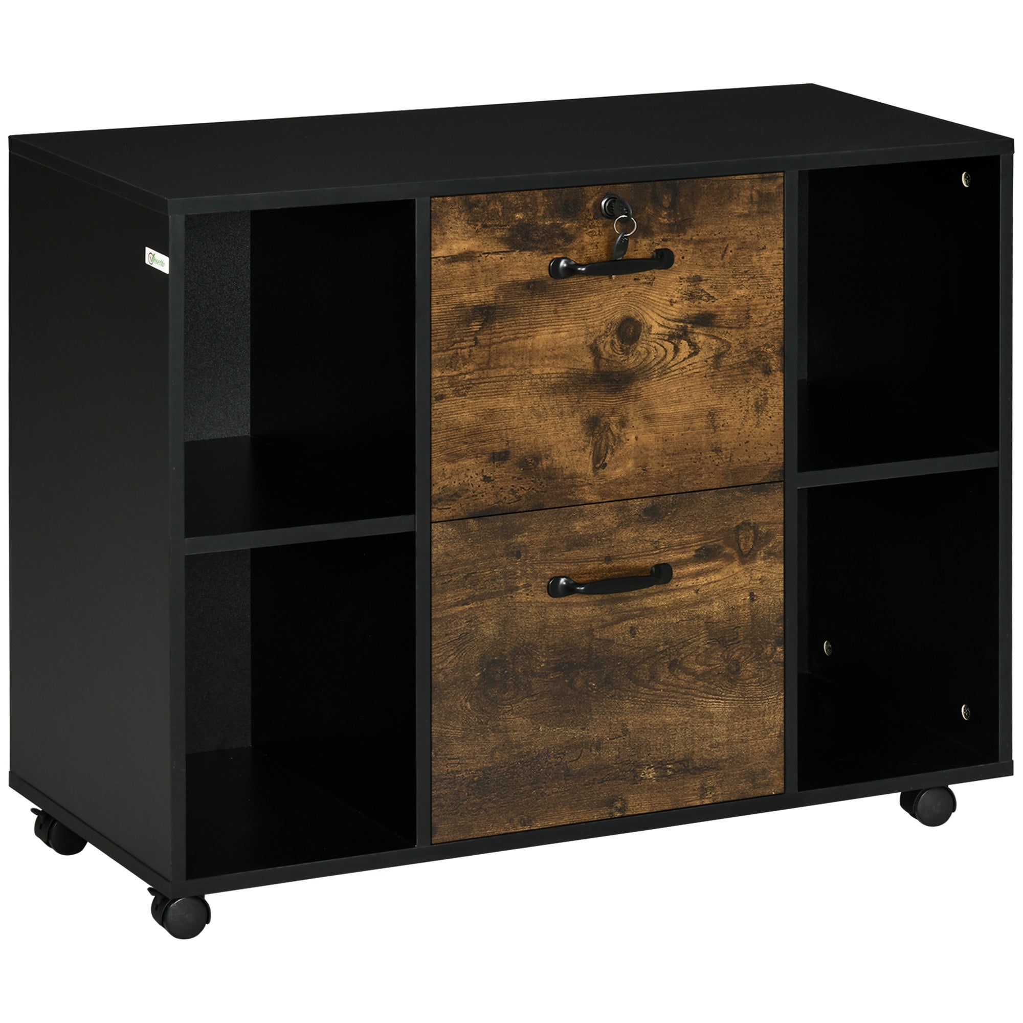 Lateral Filing Cabinet with Wheels and Lockable Drawer, File Cabinet, Mobile Printer Stand with Open Shelves for Letter and A4 Size Documents, Rustic Brown Office Cabinets & Cupboards at Gallery Canada