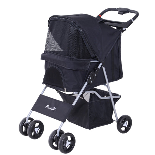 Foldable Pet Stroller with 4 Wheels, Cup Holder, Storage Basket, Black