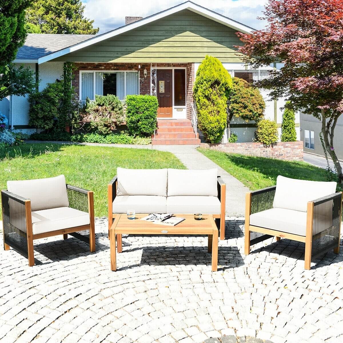 4 Pcs Acacia Wood Outdoor Patio Furniture Set with Cushions, White Patio Conversation Sets   at Gallery Canada