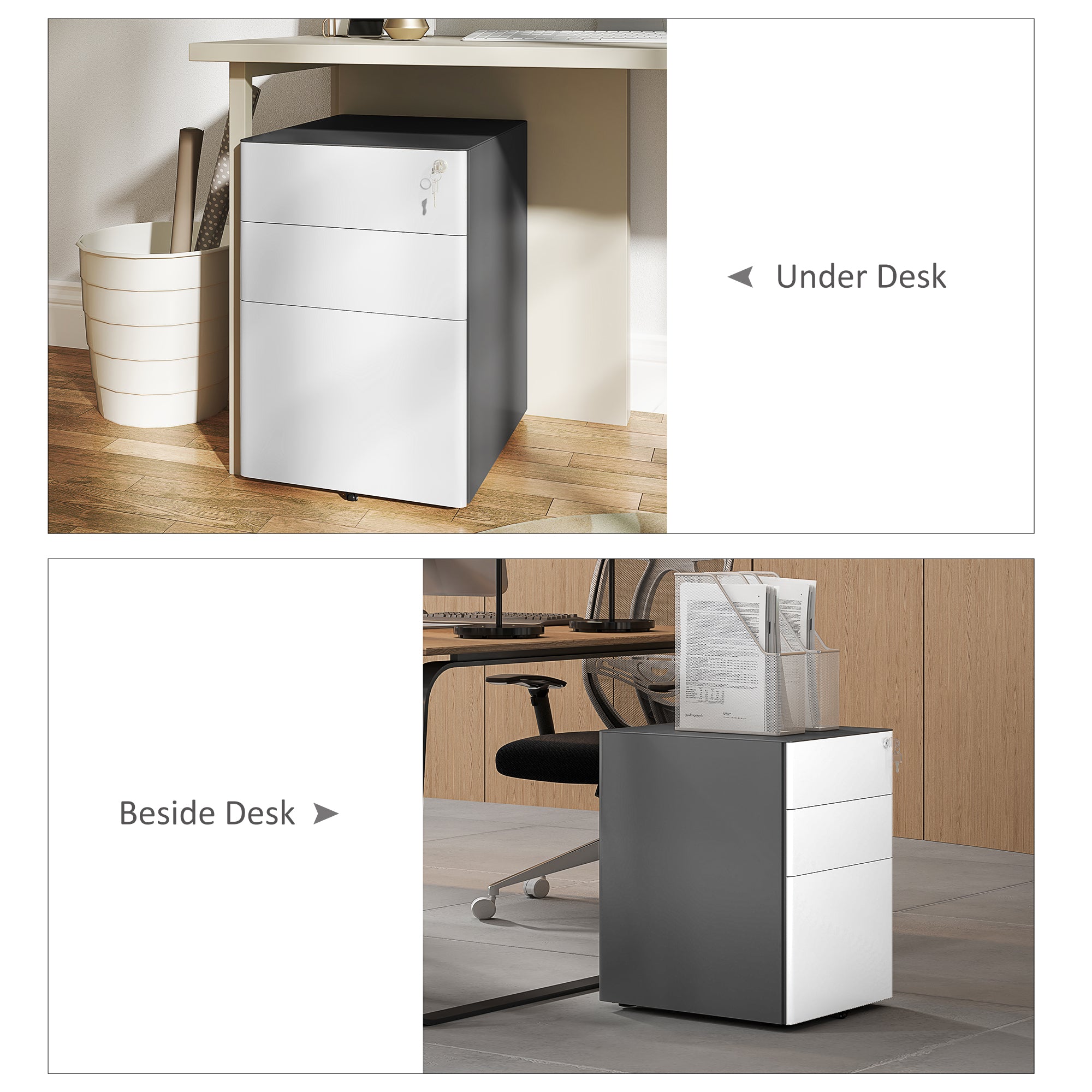 3 Drawer Filing Cabinet, Home Office Storage Cabinet with Wheels, Lock for A4, Letters, Legal-sized Files, Grey and White Office Cabinets & Cupboards at Gallery Canada