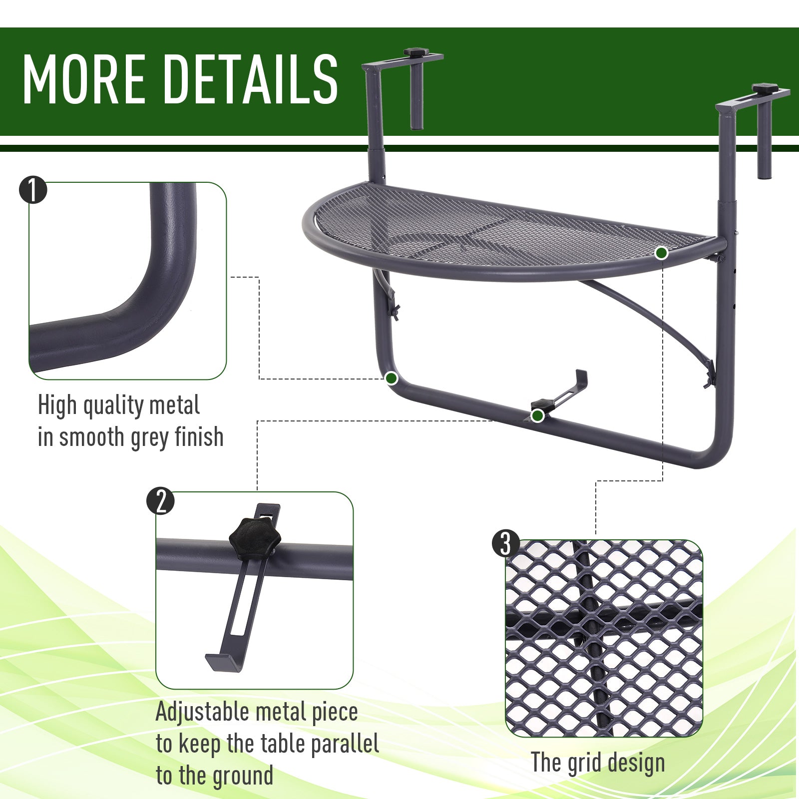 Adjustable Balcony Hanging Railing Table, Metal Mounting Mini Wall Desk Storage Rack, Outdoor Flower Stand Serving Table Half Round, Grey Balcony Table Hanging at Gallery Canada