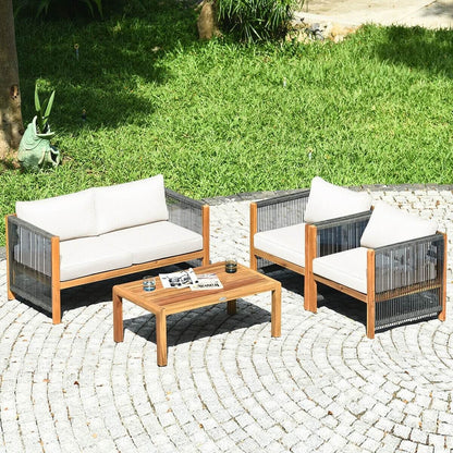 4 Pcs Acacia Wood Outdoor Patio Furniture Set with Cushions, White Patio Conversation Sets   at Gallery Canada