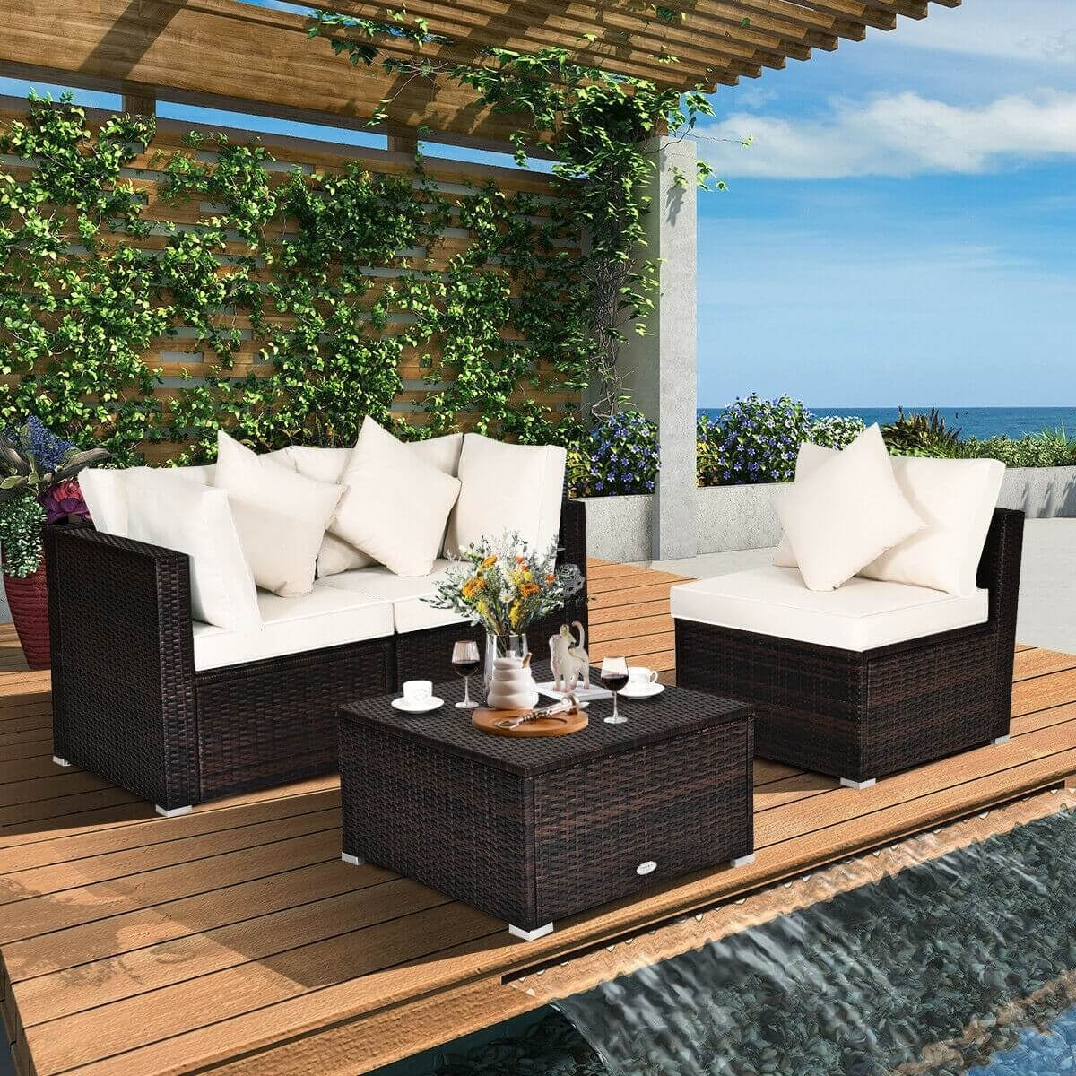 4 Pcs Ottoman Garden Deck Patio Rattan Wicker Furniture Set Cushioned Sofa, White Outdoor Sectionals   at Gallery Canada