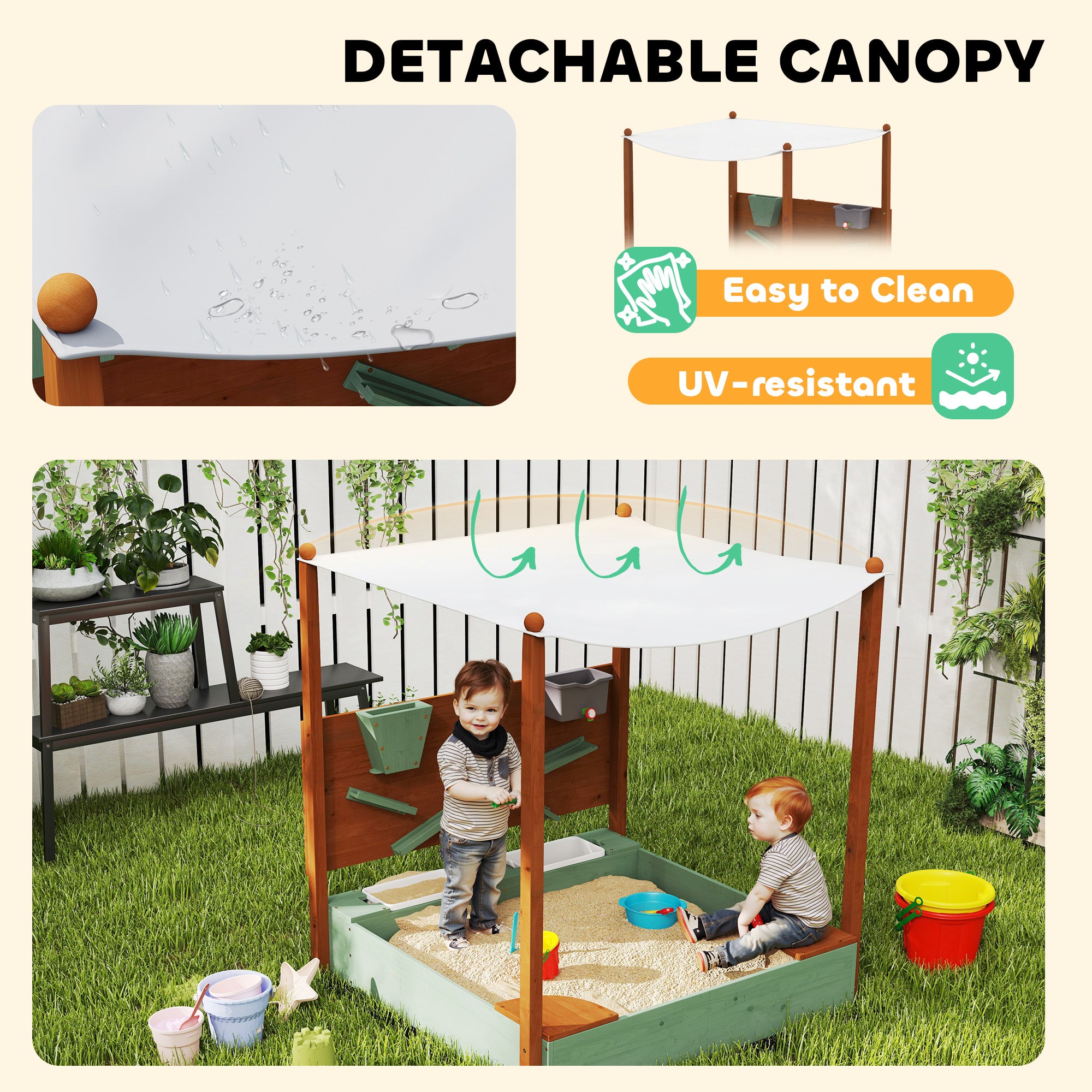 Wooden Kids Sandbox with Canopy, Sand Wall, Bottom Liner, for 3-6 Years, 46