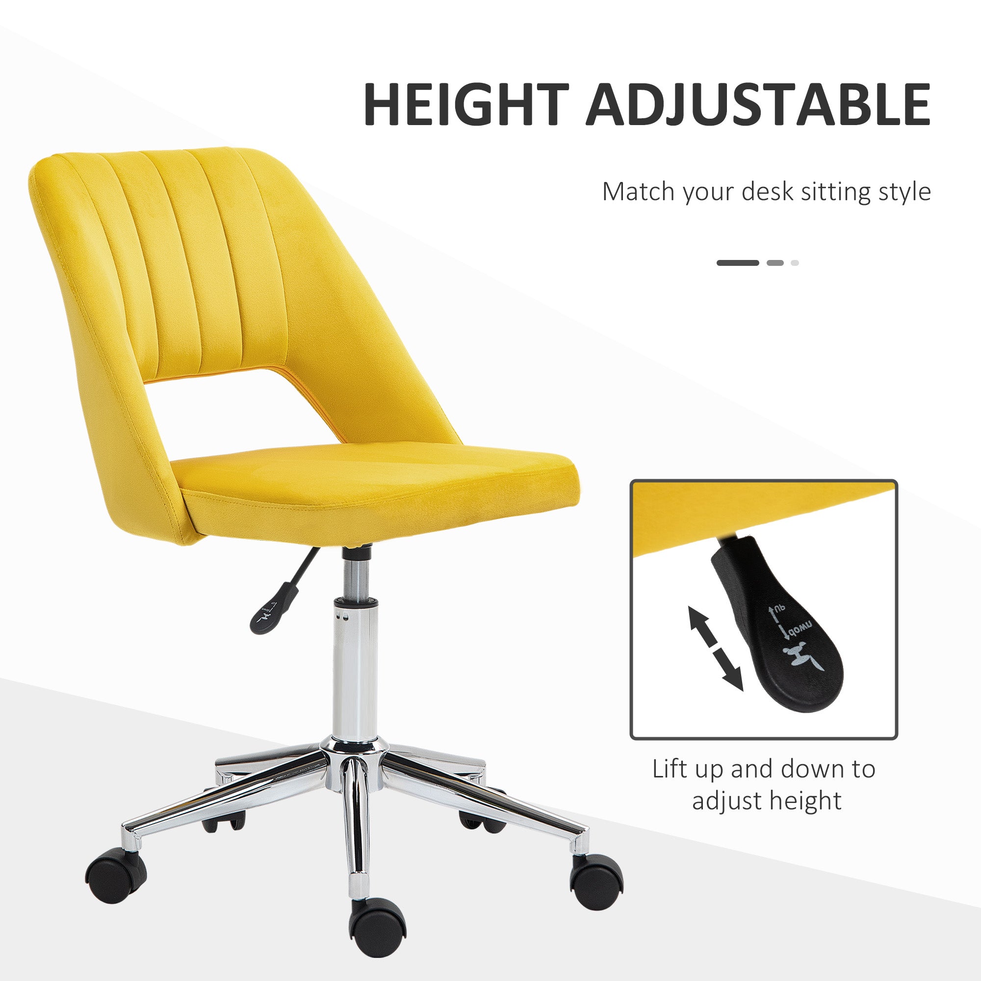 Mid Back Office Chair Velvet Fabric Swivel Scallop Shape Computer Desk Chair, Yellow Office Chairs at Gallery Canada