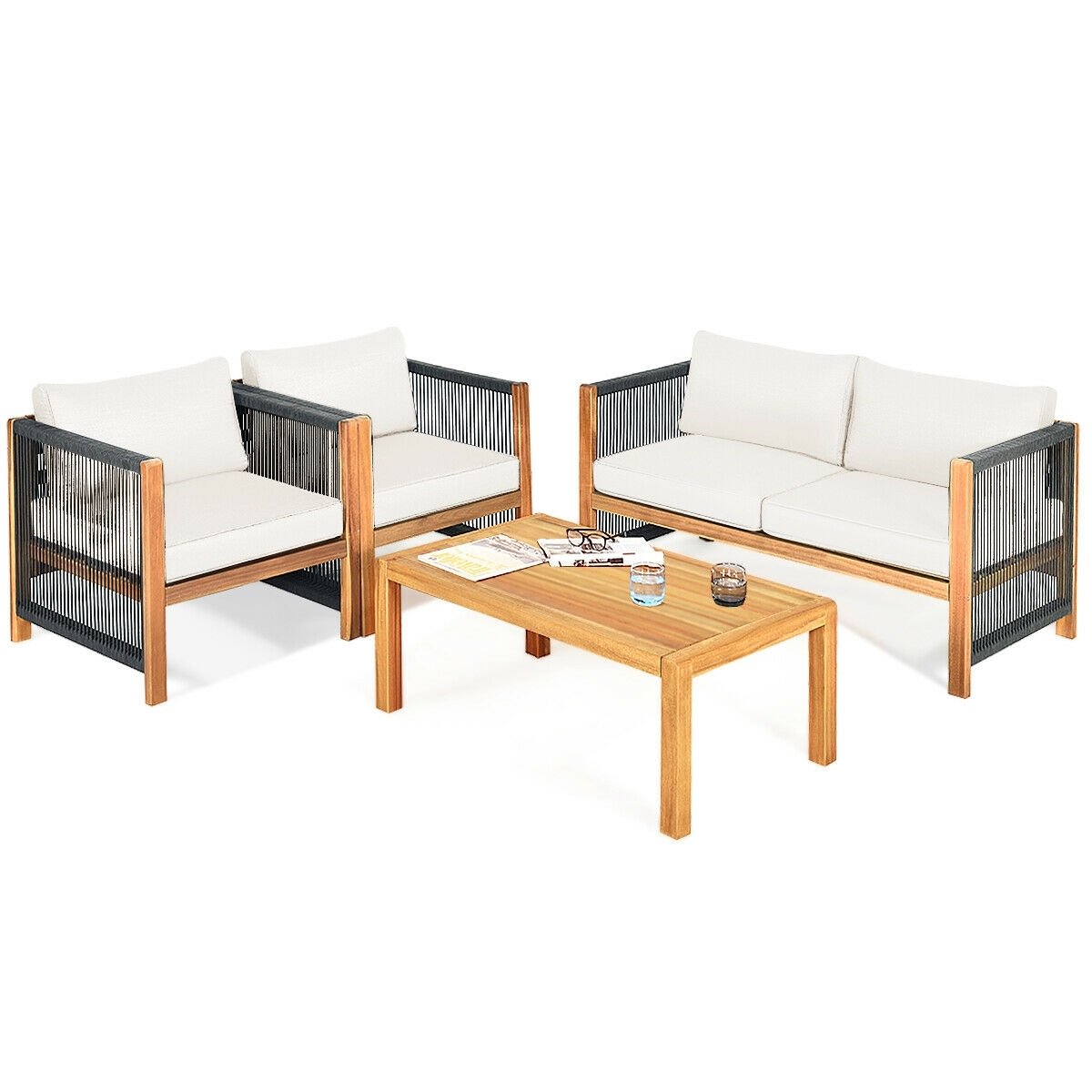 4 Pcs Acacia Wood Outdoor Patio Furniture Set with Cushions, White Patio Conversation Sets   at Gallery Canada