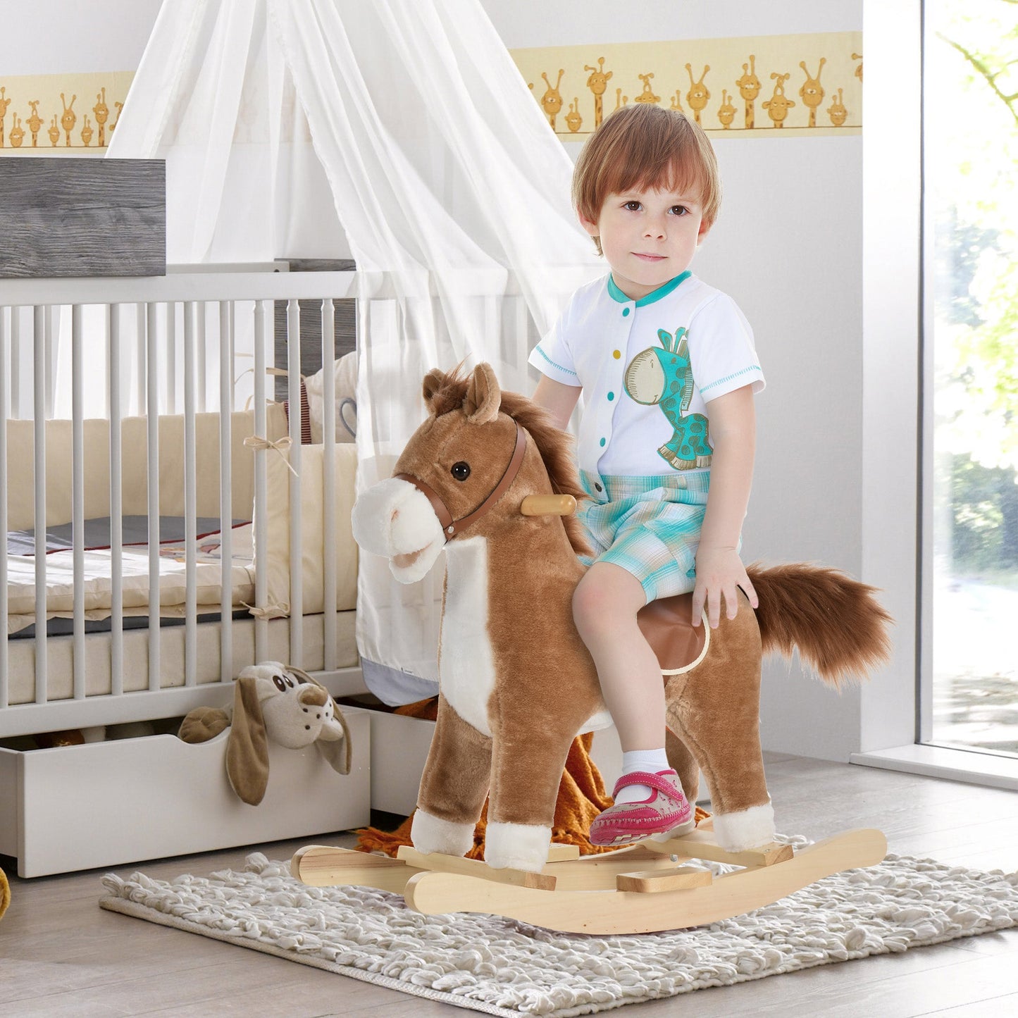 Rocking Horse Plush Animal on Wooden Rockers with Sounds, Wooden Base, Baby Rocking Chair for 36-72 Months, Brown Rocking Horses   at Gallery Canada