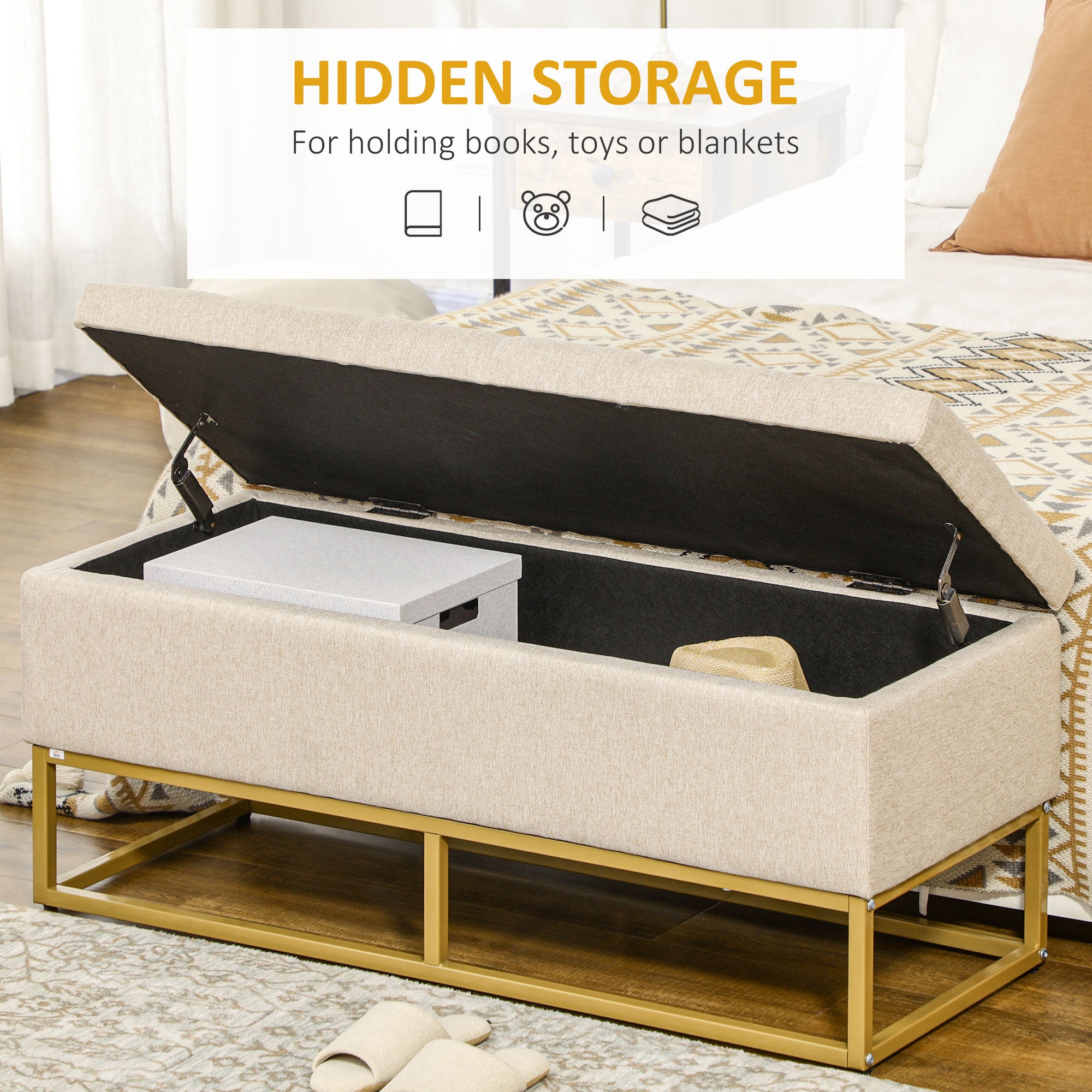 Storage Ottoman with Flip Top, Upholstered Storage Bench, Linen Fabric Footstool with Steel Legs for Living Room, Bedroom, Beige Storage Ottomans & Benches at Gallery Canada