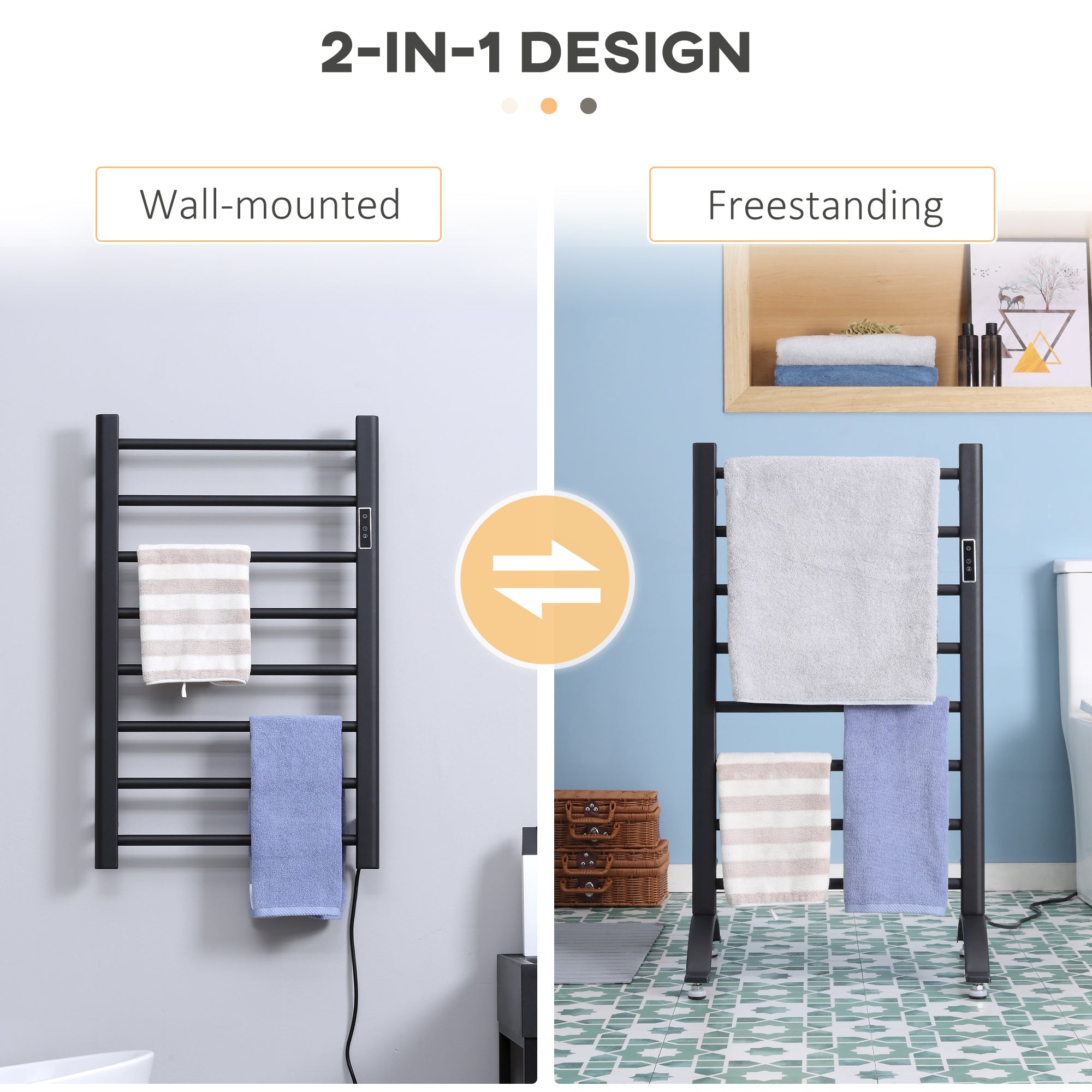 8-Bar Bathroom Heated Towel Rail with Built-in Timer and Led Indicators, Wall Mounted &; Free Standing Carbon Steel Electric Towel Warmer Towel Drying Rack, Plug-in, Black Bath Accessories at Gallery Canada