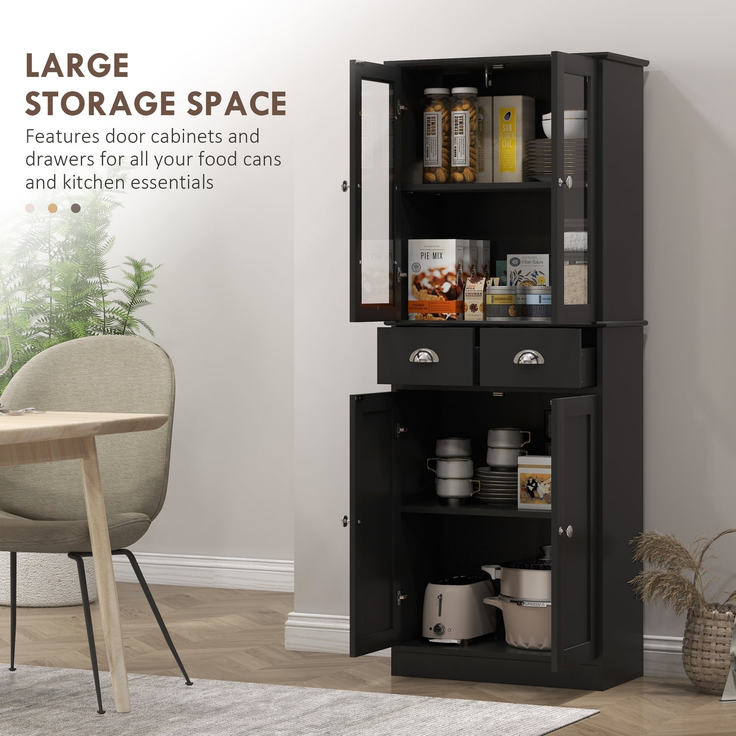 61" Kitchen Pantry Cabinet, Freestanding Farmhouse Storage Cabinet with Soft Close Glass Doors and Adjustable Shelves, Black Kitchen Pantry Cabinets   at Gallery Canada