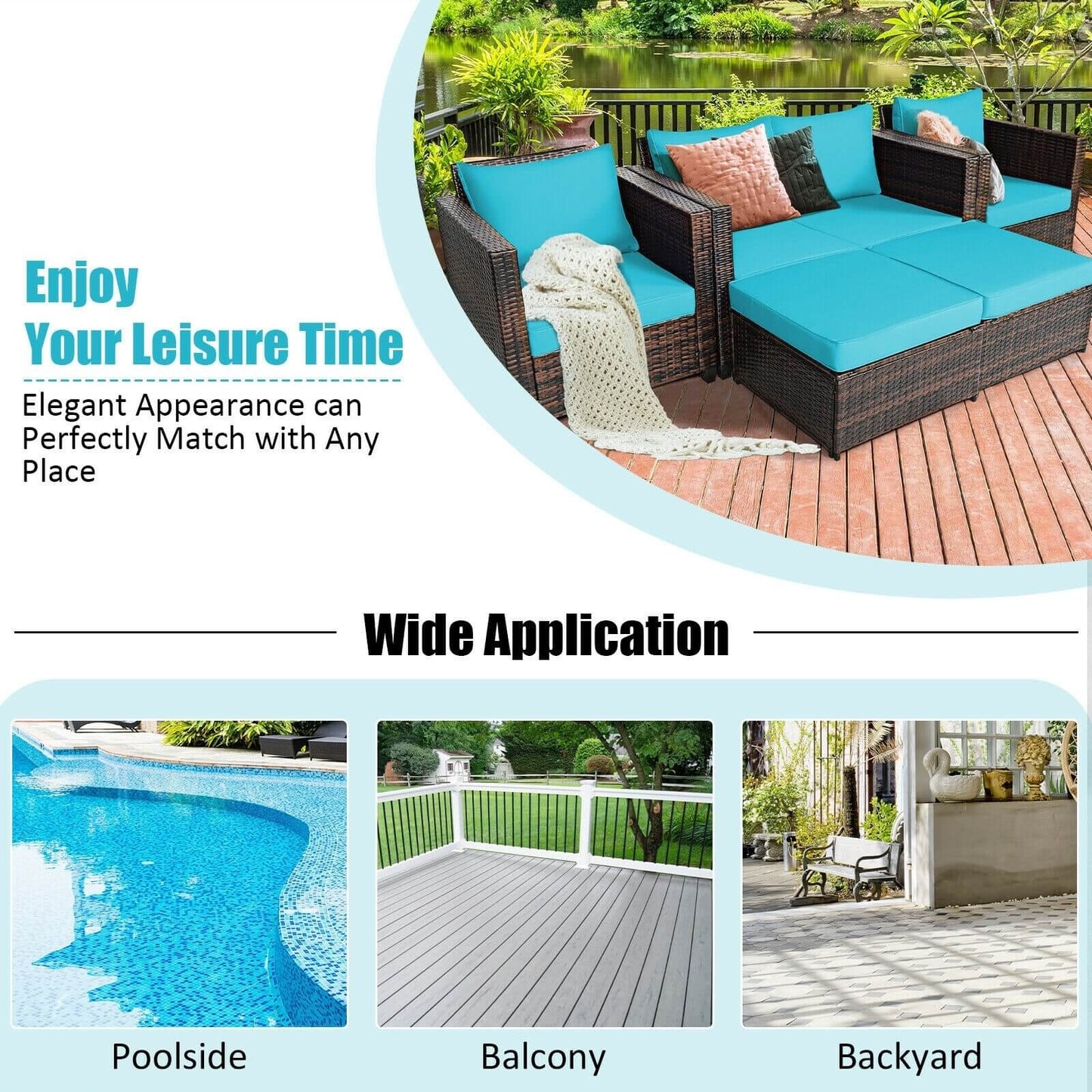 5 Pieces Patio Cushioned Rattan Furniture Set, Turquoise - Gallery Canada