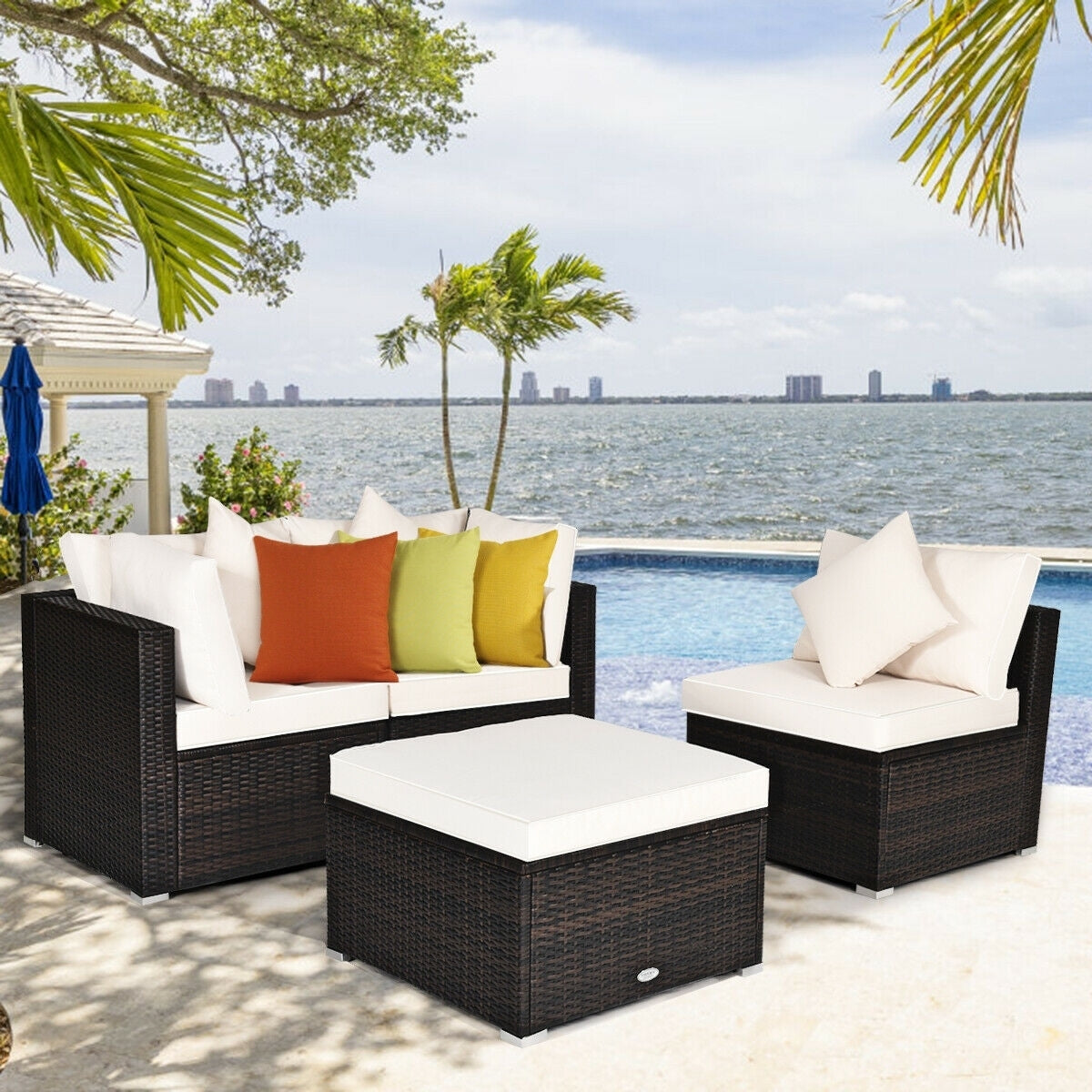 4 Pcs Ottoman Garden Deck Patio Rattan Wicker Furniture Set Cushioned Sofa, White Outdoor Sectionals   at Gallery Canada