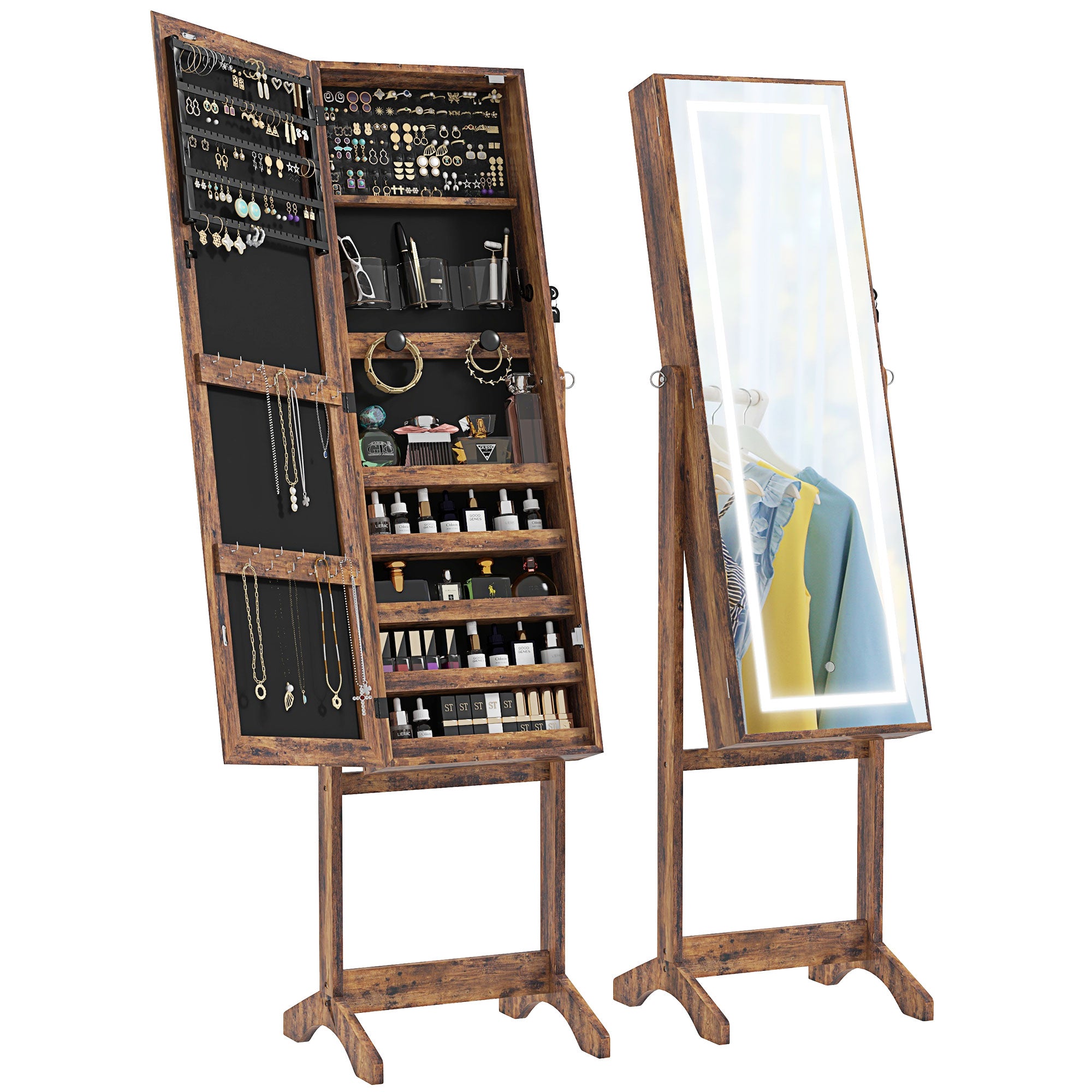 Lockable Jewelry Armoire with LED Light, Standing Mirror with Storage for Bedroom Dressing Room, Rustic Brown Jewelry Armoire & Jewellery Mirror Cabinets Rustic Brown at Gallery Canada
