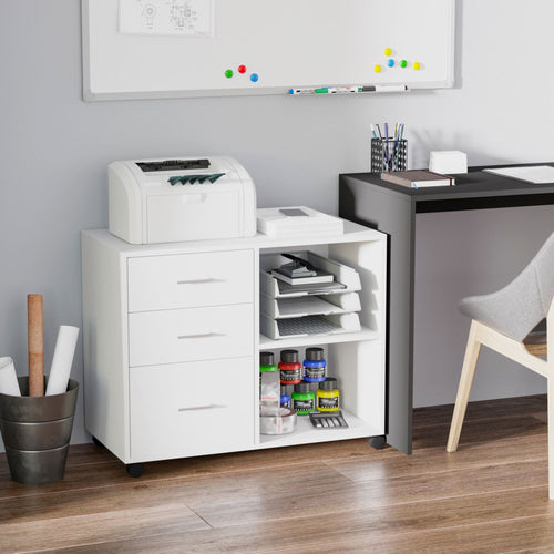 Modern Lateral Filing Cabinet, 3 Drawer File Cabinet for Letter and A4 Size Documents, Mobile, Printer Stand with Open Shelves, Rolling Wheels, White