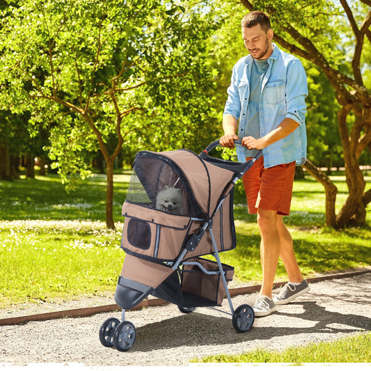 3 Wheel Folding Pet Stroller Dog Bike Carrier Strolling Jogger with Brake, Canopy, Cup Holders and Bottom Storage Space, Coffee - Gallery Canada