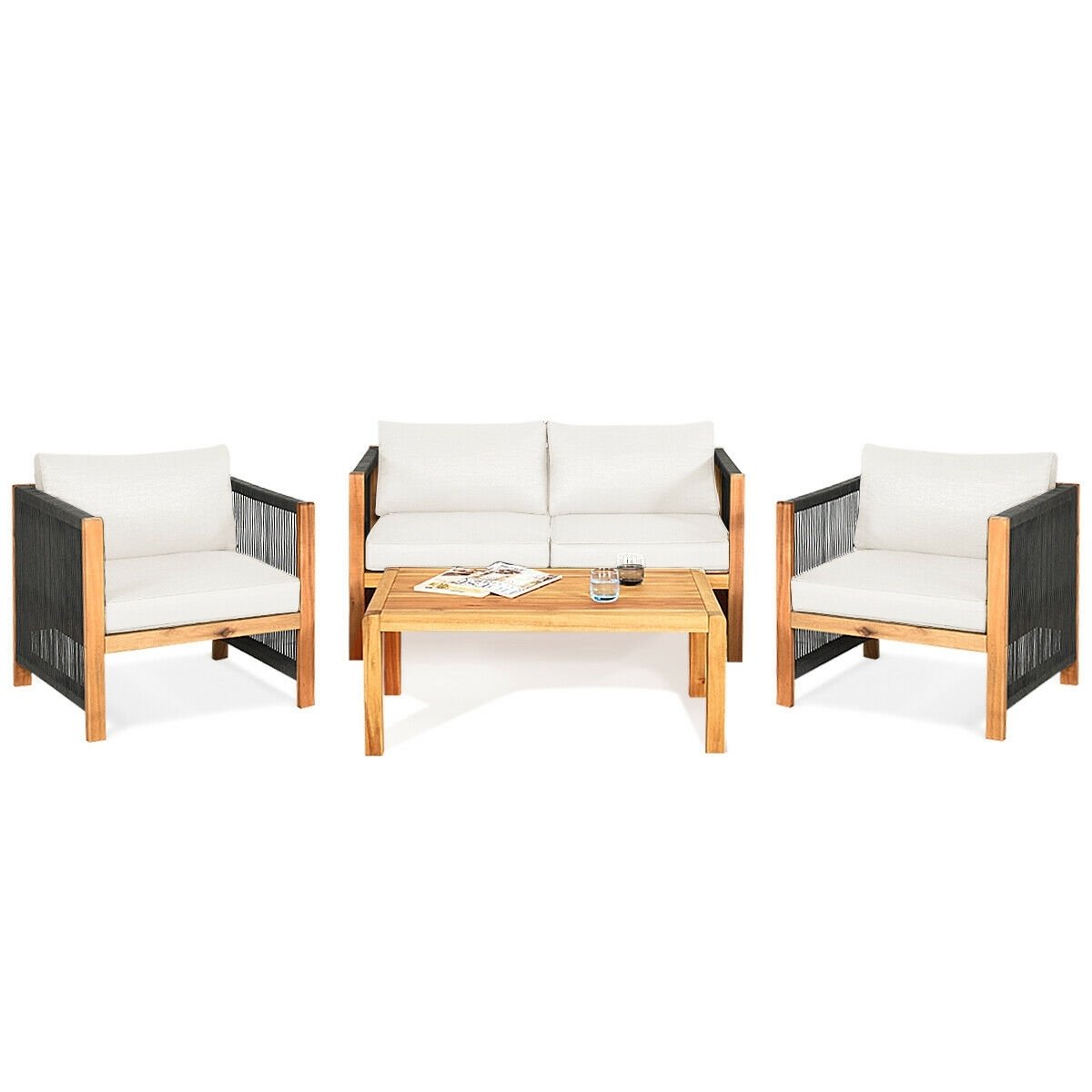 4 Pcs Acacia Wood Outdoor Patio Furniture Set with Cushions, White Patio Conversation Sets   at Gallery Canada