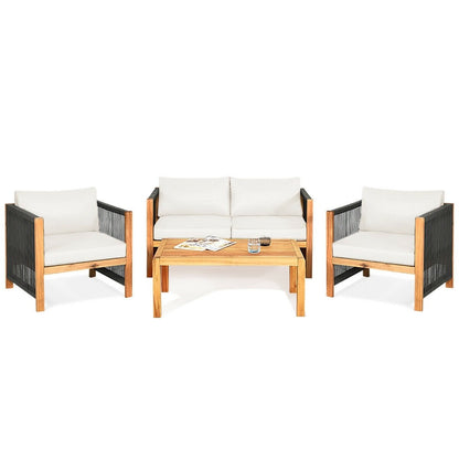 4 Pcs Acacia Wood Outdoor Patio Furniture Set with Cushions, White Patio Conversation Sets   at Gallery Canada