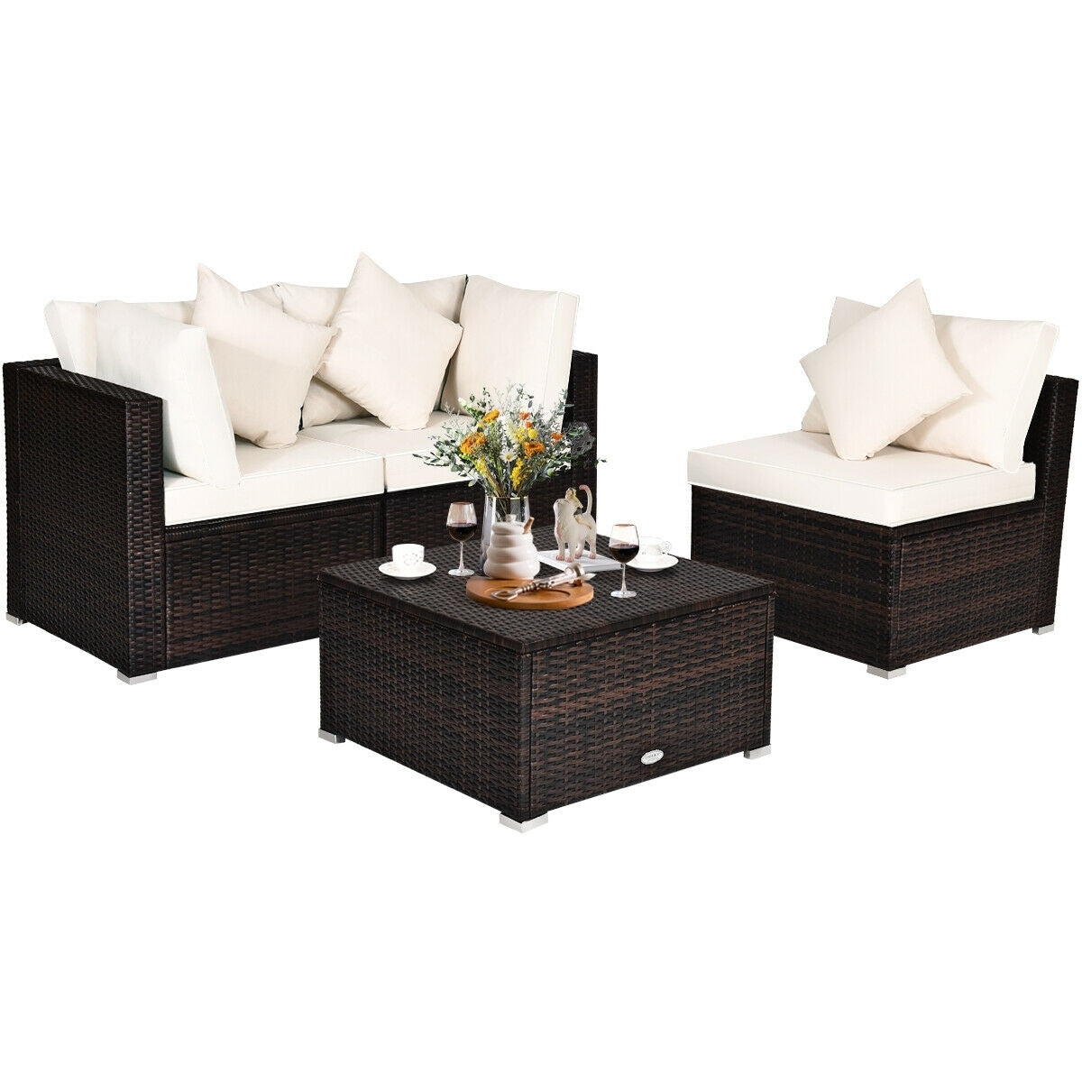 4 Pcs Ottoman Garden Deck Patio Rattan Wicker Furniture Set Cushioned Sofa, White Outdoor Sectionals   at Gallery Canada