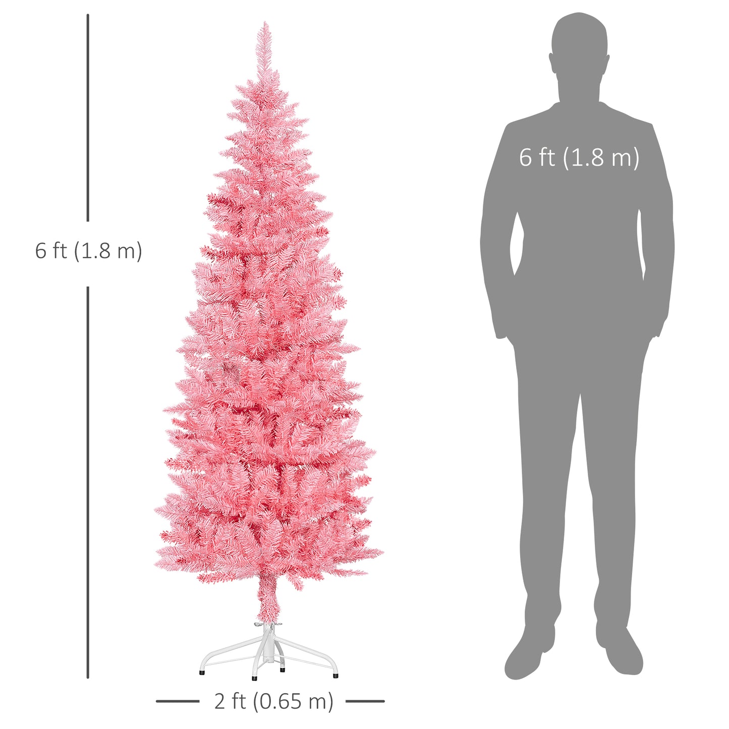 6ft Tall Pencil Artificial Christmas Tree with 479 Branch Tips with Steel Base, Pink Pencil Christmas Trees   at Gallery Canada