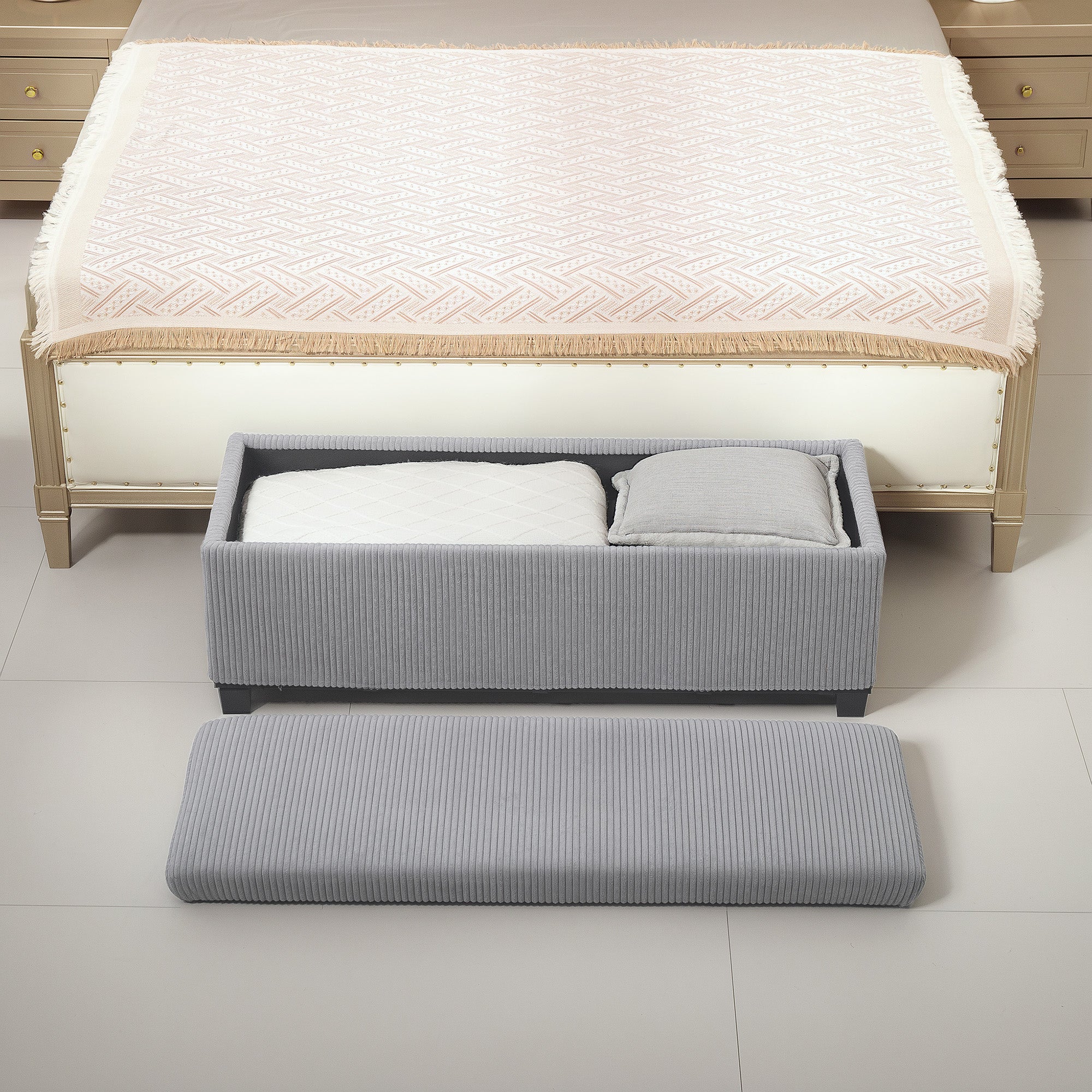 44 Inches Ottoman with Storage, Lid, Legs, Corduroy End of Bed Bench for Living Room, Bedroom, Entryway, Light Grey Storage Ottomans & Benches at Gallery Canada