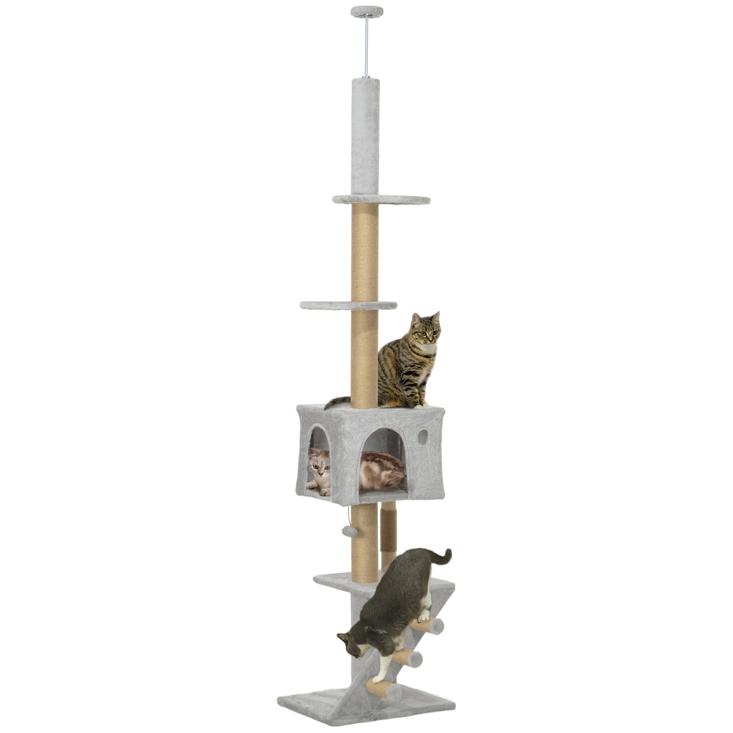 89"-104" Floor to Ceiling Cat Tree w/ Scratching Post, Cat House, 3-Steps, Hanging Ball, Perches, Light Grey Floor to Ceiling Cat Trees   at Gallery Canada