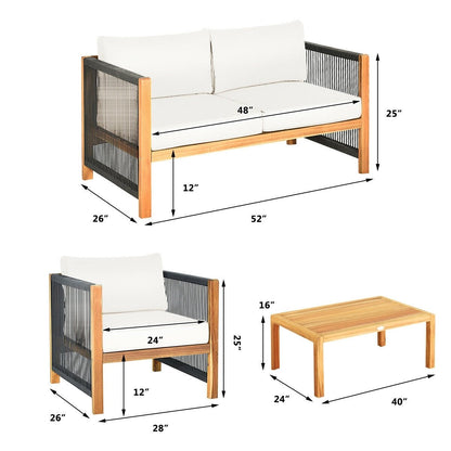 4 Pcs Acacia Wood Outdoor Patio Furniture Set with Cushions, White Patio Conversation Sets   at Gallery Canada