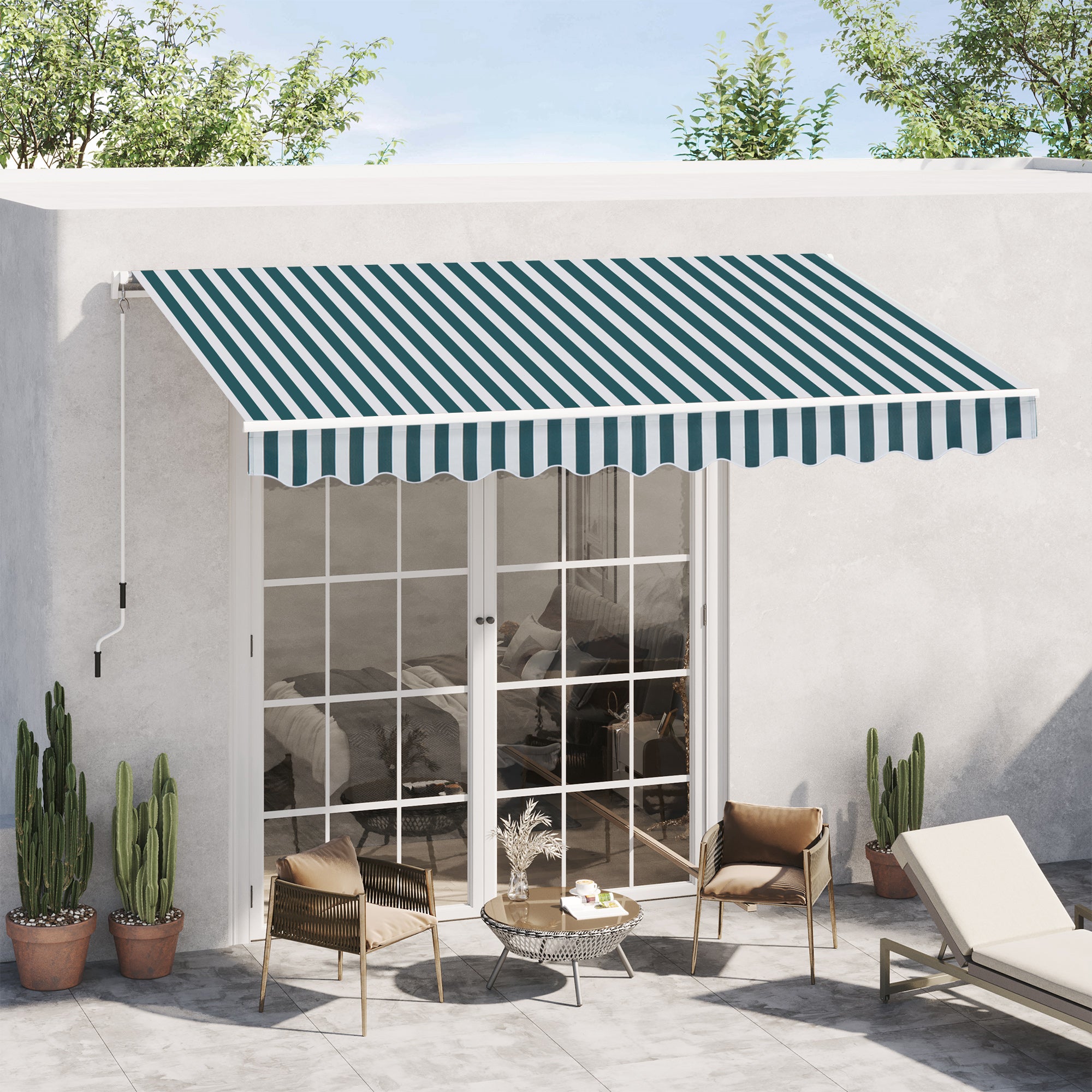 10' x 8' Manual Retractable Awning, Sun Shade Shelter Canopy, with Aluminum Frame and UV Protection for Patio Deck Yard Window Door, Green Stripe Deck Awnings at Gallery Canada