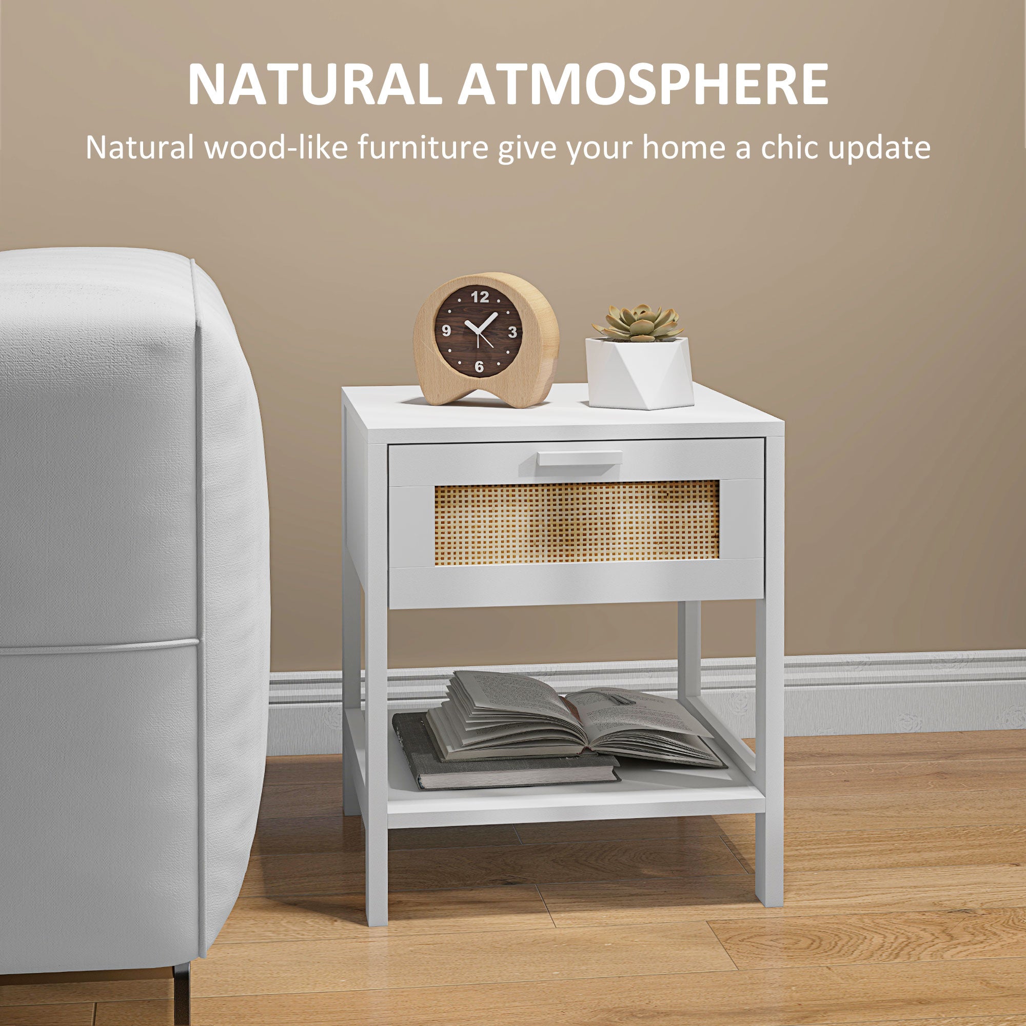 Modern Bedside Table, Accent Nightstand with Drawer and Open Shelf, Bed End Table for Bedroom, Living Room, White Bedside Tables   at Gallery Canada