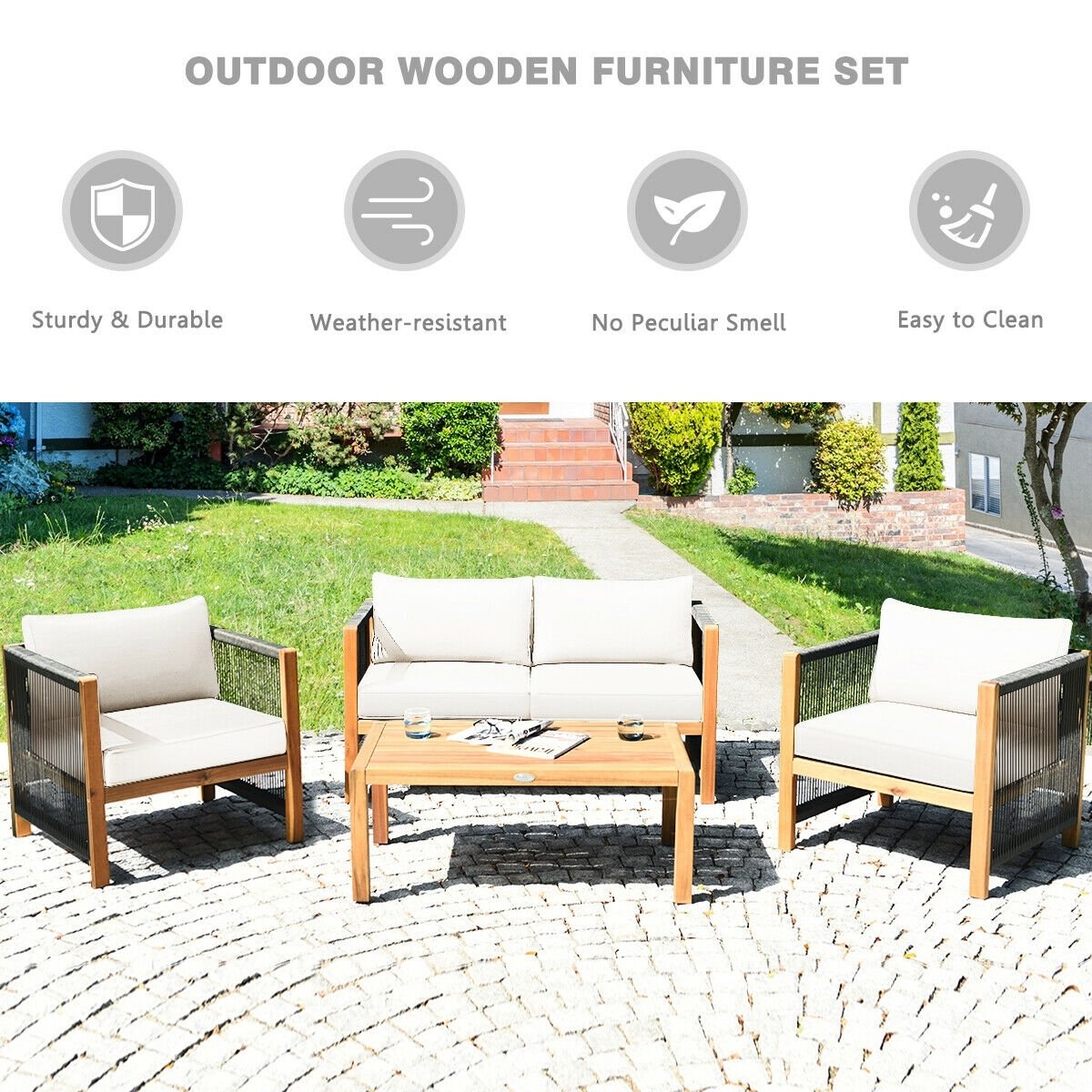 4 Pcs Acacia Wood Outdoor Patio Furniture Set with Cushions, White Patio Conversation Sets   at Gallery Canada