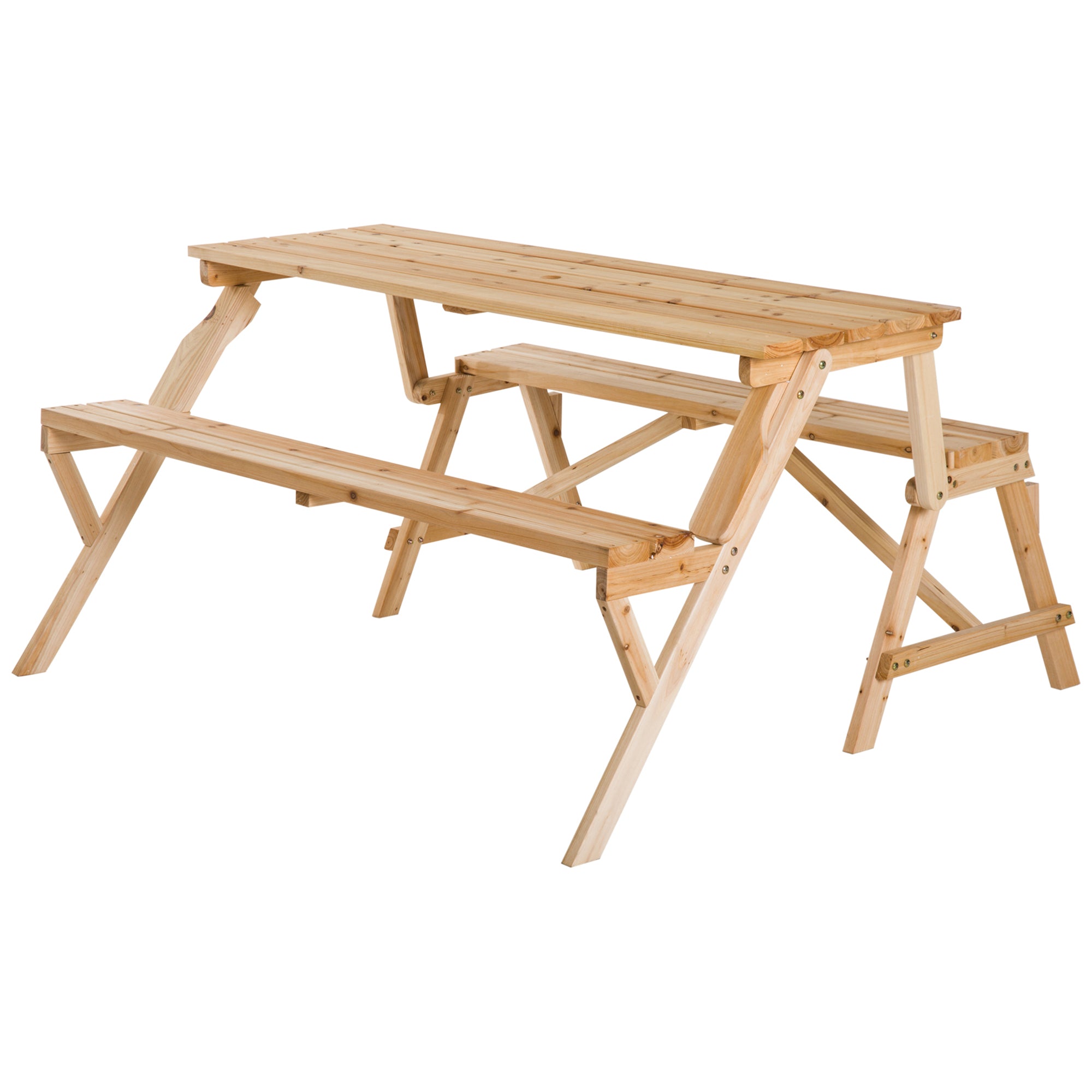 Patio Wooden Folding Picnic Table with Benches, Outdoor 2 in 1 Convertible Patio &; Garden Bench, Foldable Picnic Table with Umbrella Hole, Nature Outdoor Dining Sets at Gallery Canada