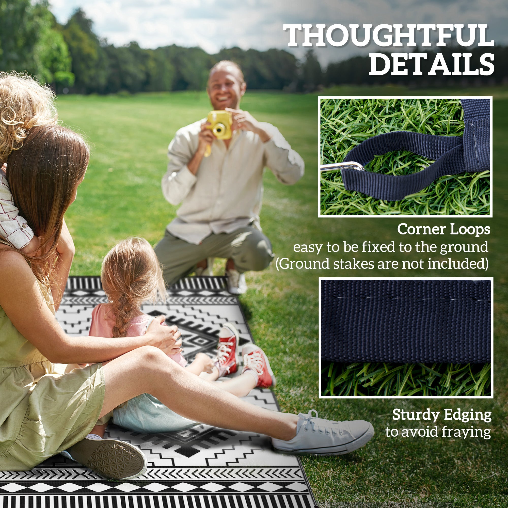 9' x 12' Outdoor RV Rug, Reversible Patio Floor Mat with Carry Bag, Toothed Rhombus, White and Black Garden Decor at Gallery Canada
