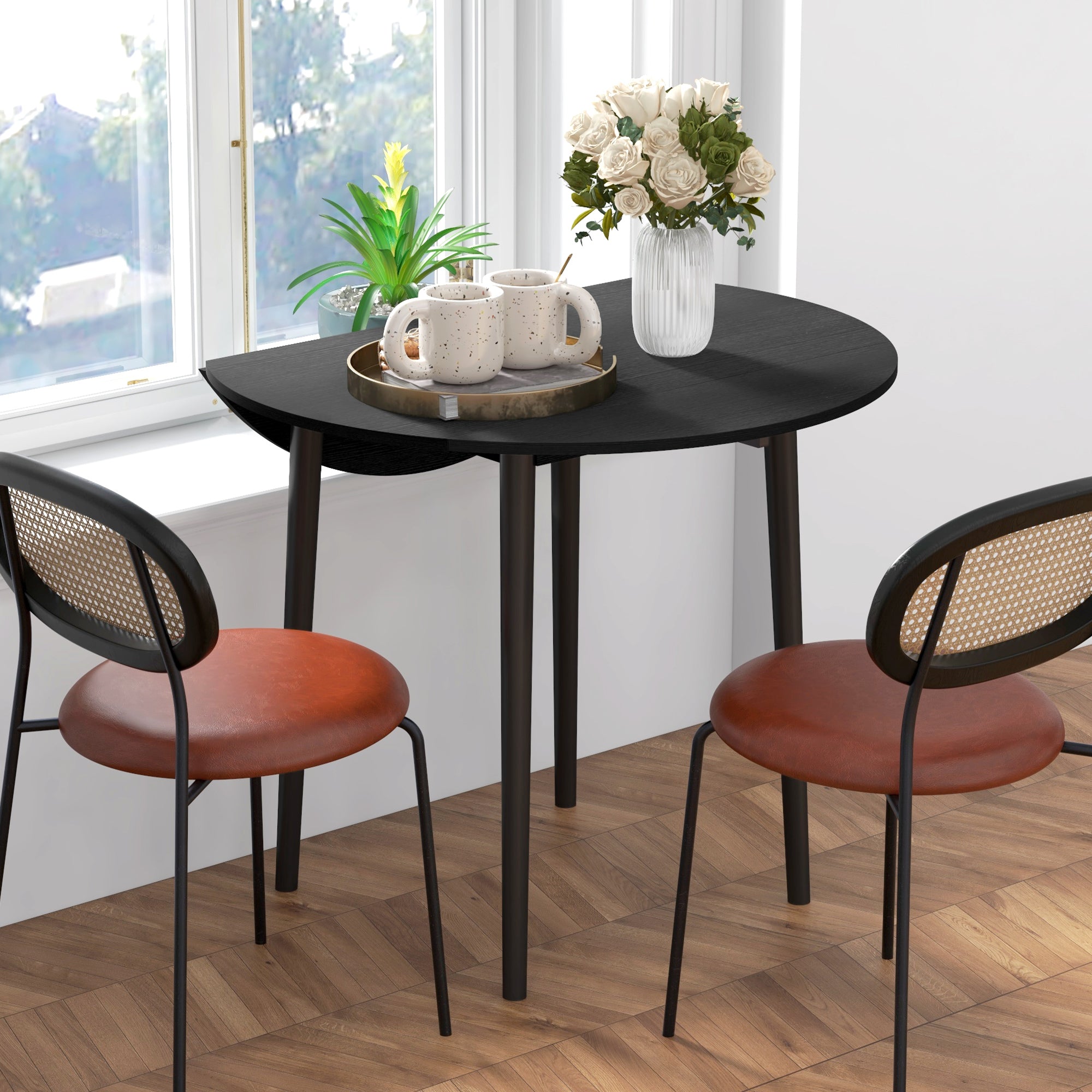 Folding Dining Table, Round Drop Leaf Kitchen Table for Small Spaces with Wood Legs, Distressed Black Bar Tables & Dining Tables at Gallery Canada