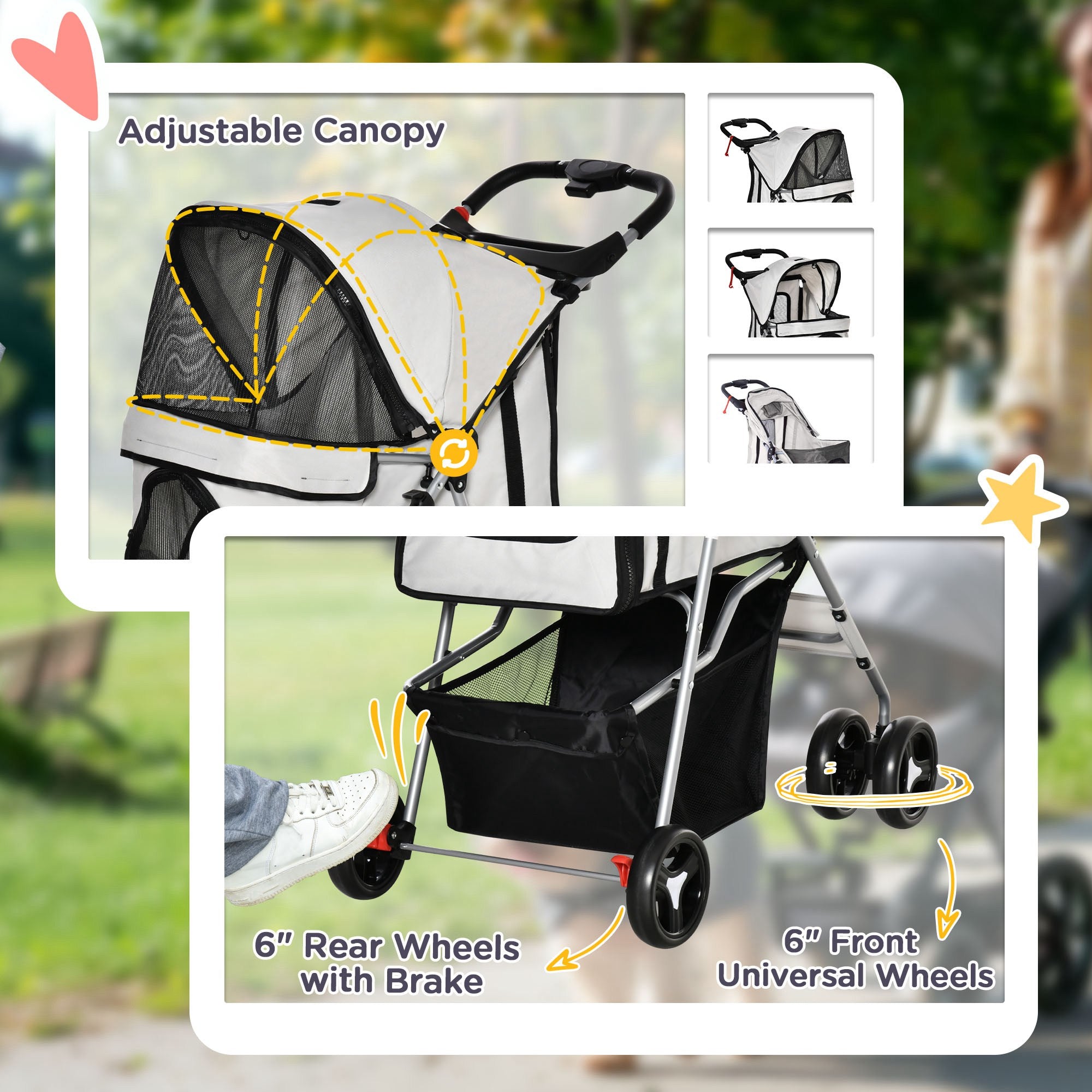 Dog Stroller, Foldable Pet Stroller for XS and Small Dogs and Cats, 4 Wheels Travel Carrier with Cup Holder, Storage Basket, 360° Wwiveling Front Wheels, Grey Dog Bike Trailers & Strollers at Gallery Canada
