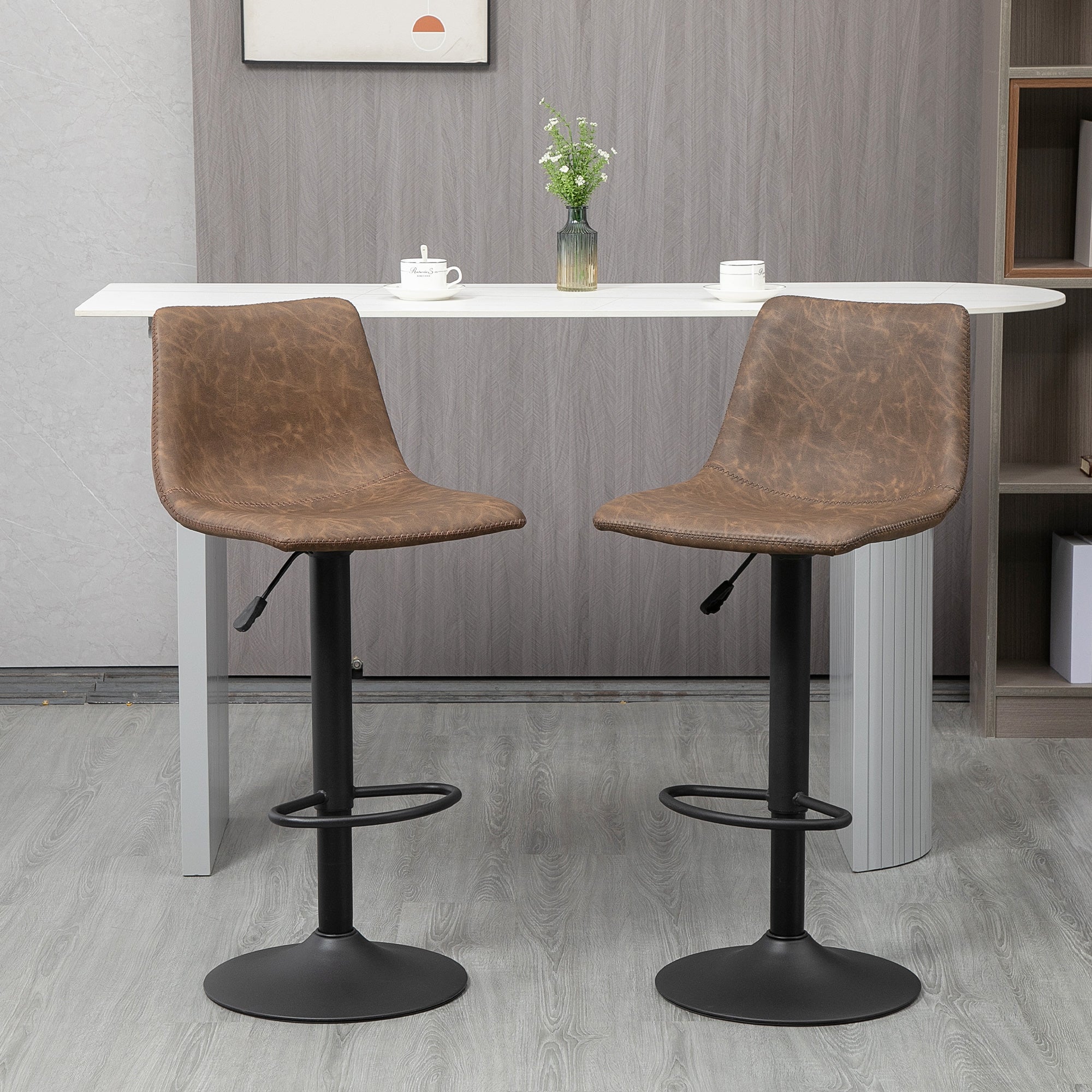 Adjustable Counter Height Bar Stools Set of 2, 360° Swivel Kitchen Counter Stools Dining Chairs with Backs, Vintage Leather, Brown Bar Stools   at Gallery Canada