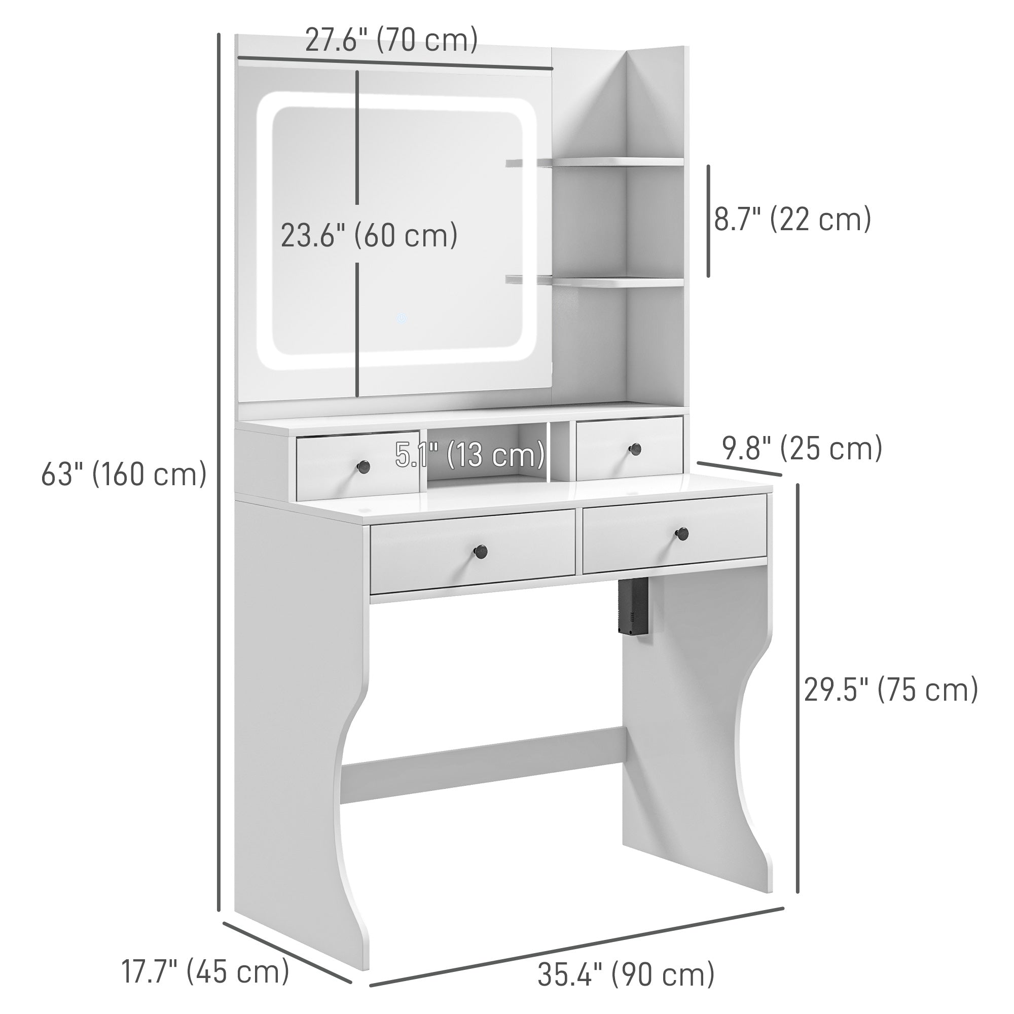 Dressing Table with Lighted Mirror, Vanity Table with Charging Station, USB Ports, Drawers, Storage Shelves, White Dressing & Vanity Tables   at Gallery Canada